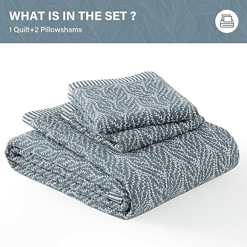 Miniatura 7 de SahSahCasa Juego de edredón tamaño King, juego de ropa de cama 100% algodón, patrón botánico, color liso, elegante, ligero, acolchado para cama