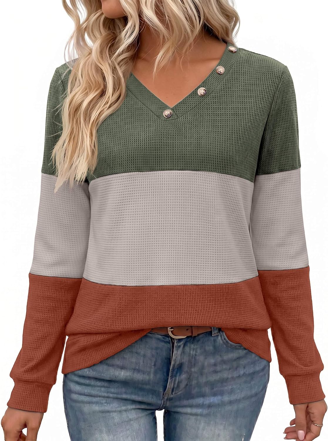 Zeagoo Women Waffle Knit Tops V Neck Long Sleeve Tunics Color Block Casual Blouse Fall Fashion 2026 Button Decor T Shirt