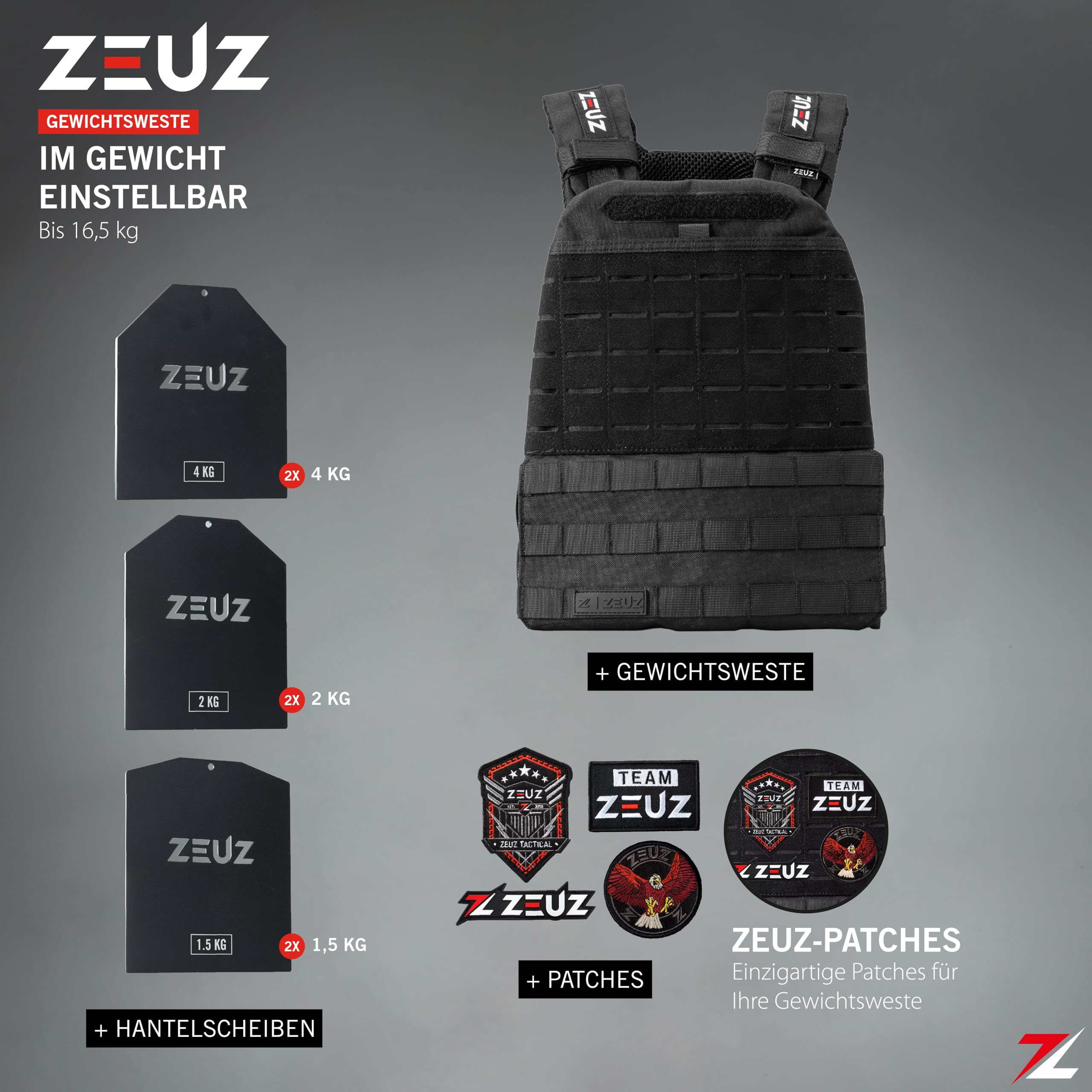 ZEUZ Verstellbare Gewichtsweste 16,5 KG für Fitness, Calesthenics & CrossFit - Weights Plattenträger, Taktische Weste, Plate Carrier & Tactical Gewicht Vest - Enthält 4 Patches - 19 Gewichte