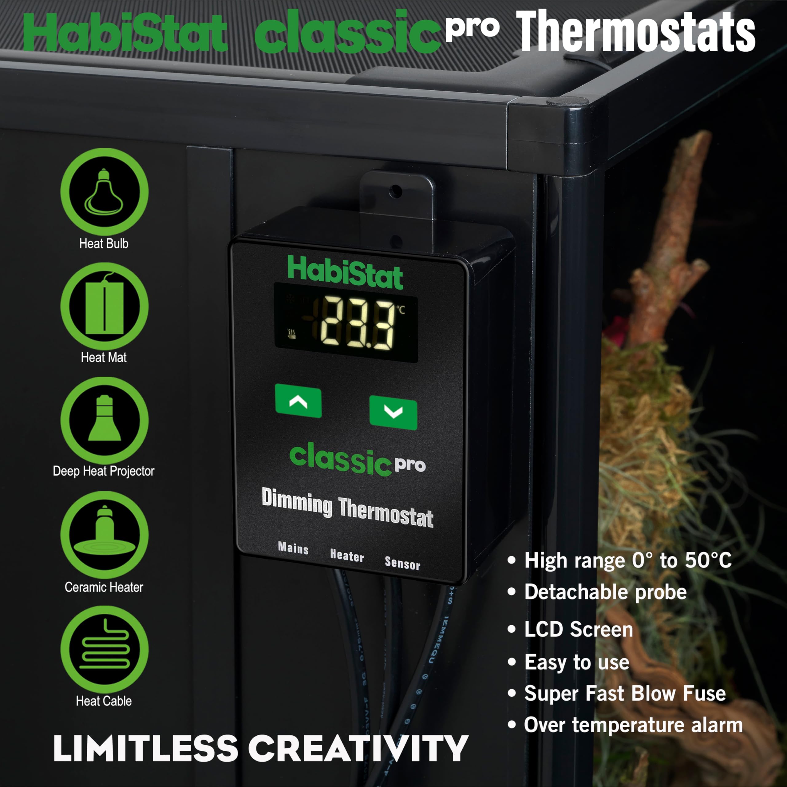 Habistat Classic Pro Thermostat de vivarium à intensité variable Noir 450 W Accessoire terrarium d'intérieur Thermostat régulateur de température pour animaux de compagnie, serpent, gecko, dragon