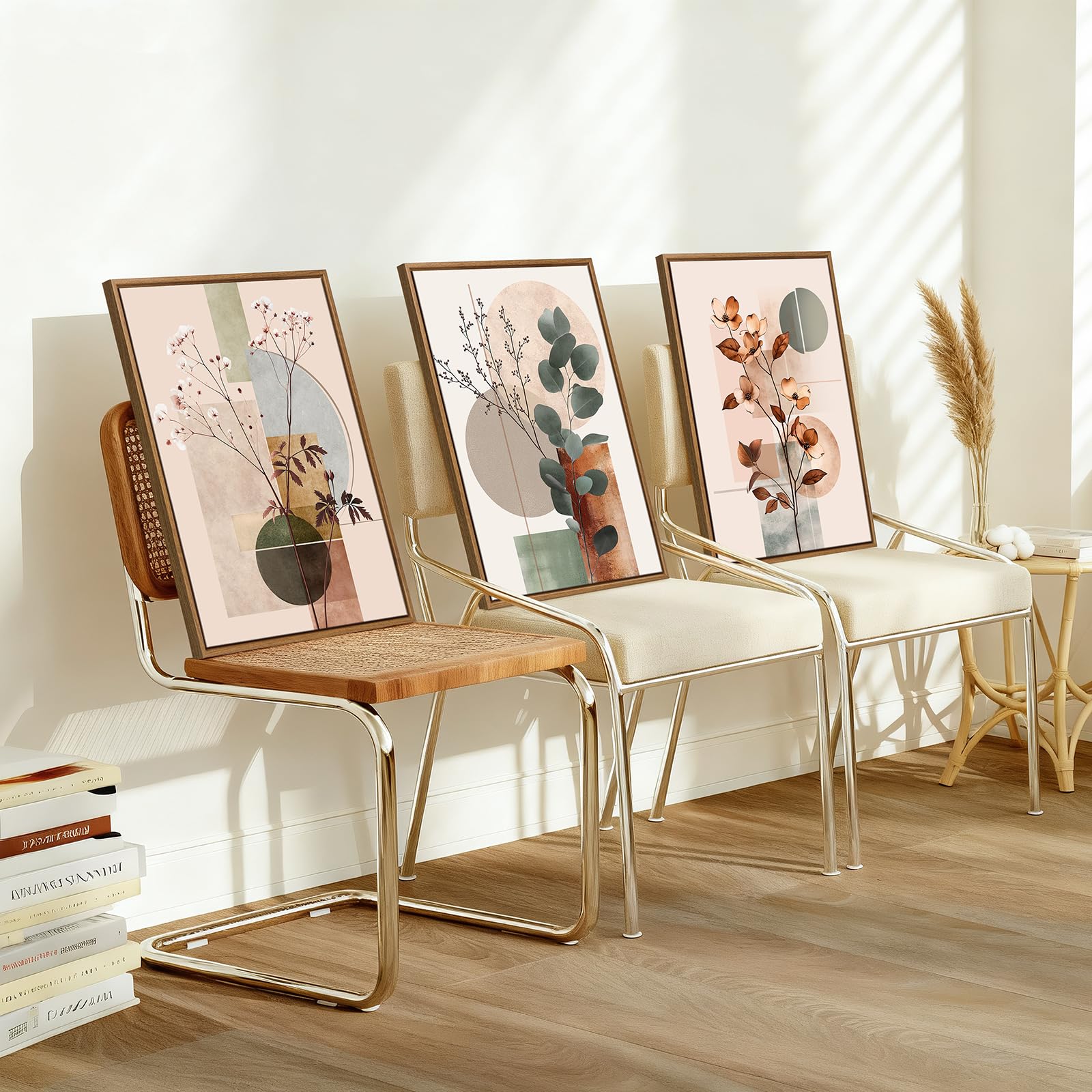 3 Pcs Beige Geométrico Plantas Floral Modernos Cuadros Decoracion Con Marcos, Botánico Algodón Eucalipto Hoja Cuadro y Láminas Lienzos Decorativos Hogar Para Comedor Salon Dormitorios 40X60cmx3Pcs