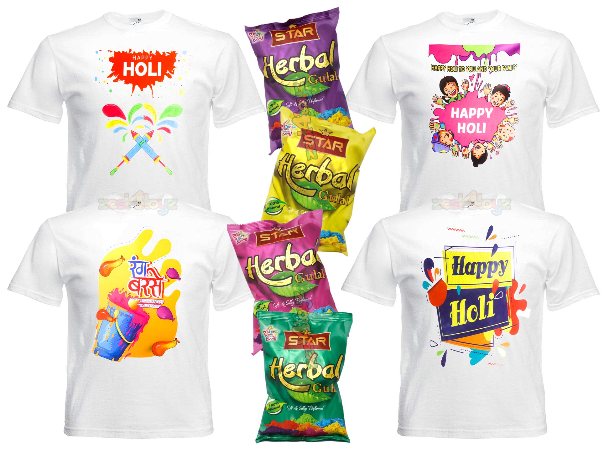 Zest 4 ToyzZest 4 Toyz Pack of 4 Herbal Gulal & 4 Set of Round Neck Half Sleeve Printed T-Shirt Summer Toys Festival Fun (Assorted Colour and Design)