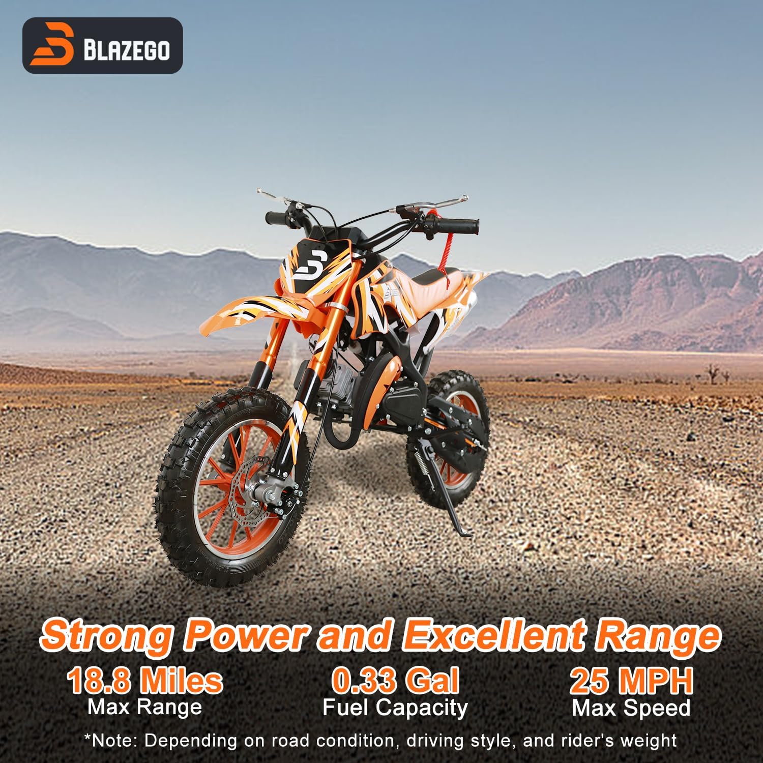 BLAZEGO 49cc Kids Dirt Bike on a dirt track, with text indicating 18.8 miles max range, 0.33 gal fuel capacity, and 25 MPH max speed.