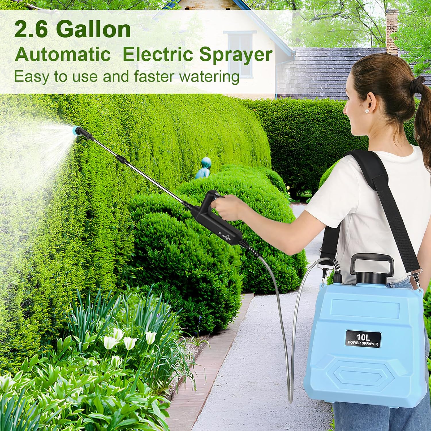 BlumWay Battery Powered Sprayer 2.5 Gallon, 7.4V Powerful Electric Sprayer with 5 Mist Nozzles, Rechargeable Handle, Retractable Wand,Adjustable Shoulder Strap for Lawn,Garden - Image 2