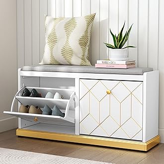 Shoe Bench Storage with Seat, White Shoe Cabinet Cupboard with Cushion & Flip-Drawer, Shoe Storage Cabinet for Hallway, Entryway