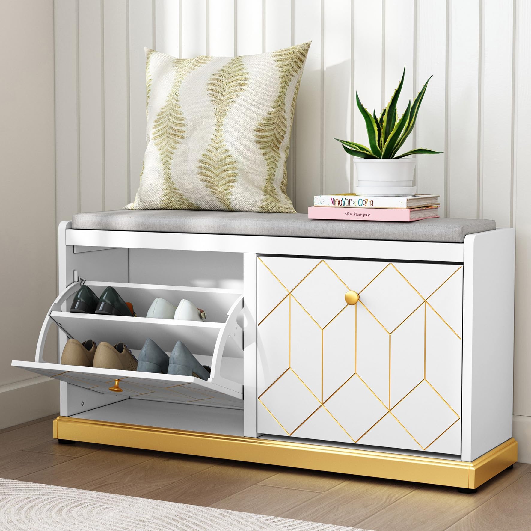 Shoe Bench Storage with Seat, White Shoe Cabinet Cupboard with Cushion & Flip-Drawer, Shoe Storage Cabinet for Hallway, Entryway