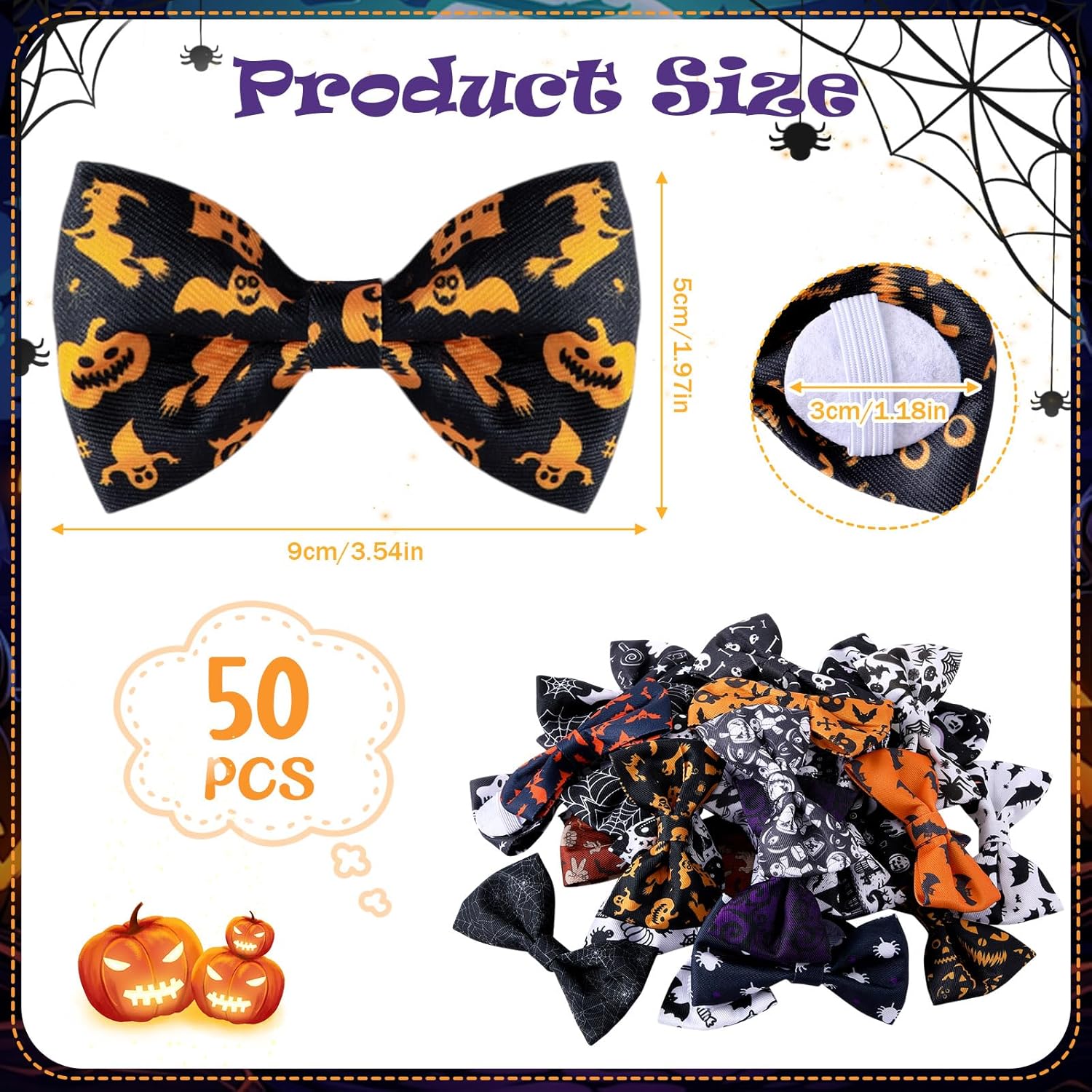 Reginary 50 Pieces Dog Bow Ties Pet Collar Bow Puppy Collar Attachment with Rubber Bands for Small Medium Cat Pet Grooming Charms Accessories Wedding Birthday Occasion (Halloween Style)