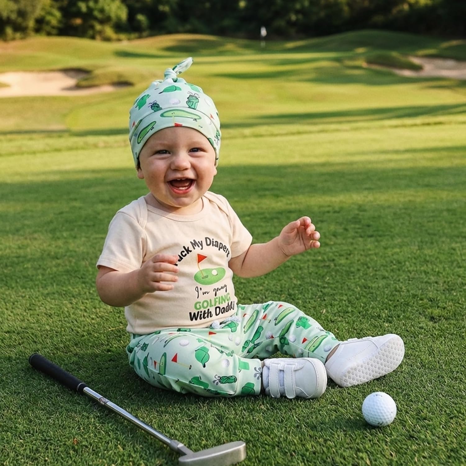 Sasaerucure Newborn Baby Boy Clothes Golf Summer Outfit Letter Print Short Sleeve Romper and Pants Hat 3Pcs Sets - Image 2