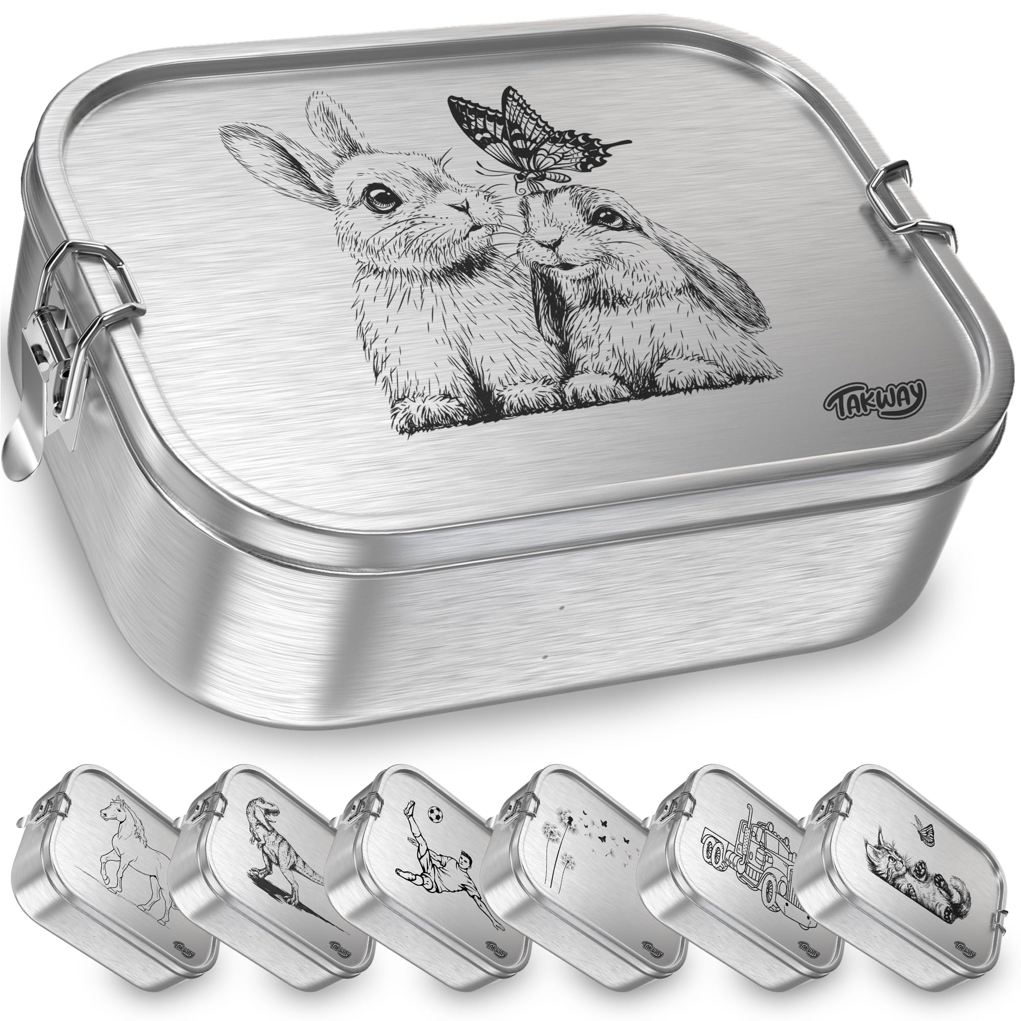 TAKWAY Children's Stainless Steel Lunch Box with Compartments 800 ml Leak-Proof Bento Box with Divisions Variable Lunch Box Nursery School (Hare 3 Compartments)