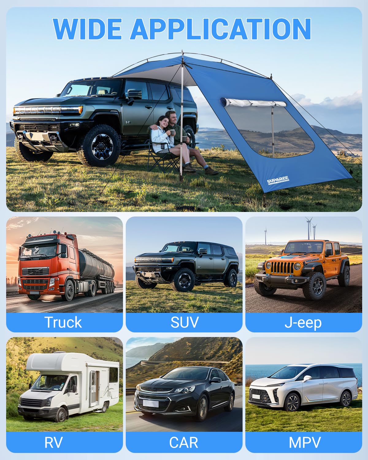 SUPAREE Markise für Auto Camping Auto Markise Sonnensegel Sonnensegel für SUV mit Seitenwänden und Fliegengitter Fenster 210D Oxford UV-Schutz Wasserdicht für Wohnmobil Van Wrangler