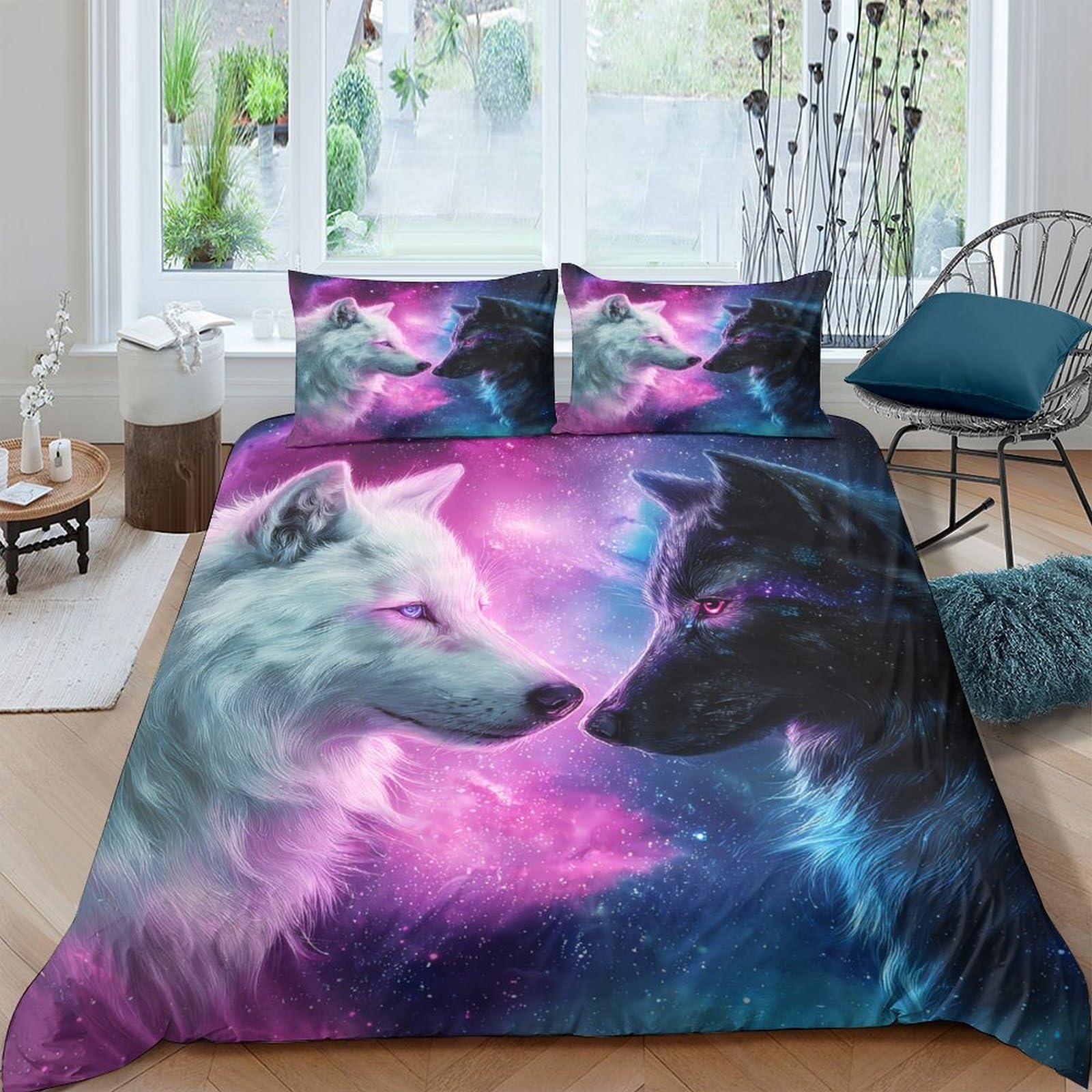 GPLZQXKJNH 3D Printed Wolf Galaxy Duvet Cover Microfiber Soft Breathable Nebula Quilt Cover Set with 2 Pillowcases for Bedroom Decor Single（135x200cm）