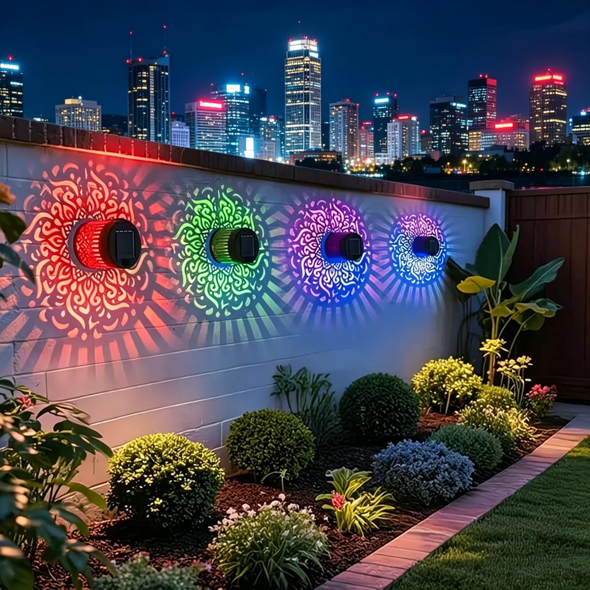 Solar Mandala Outdoor Lights – 2-Pack Seven-Color Changing Projector, IP65 Waterproof Metal Fence Light For Garden, Patio, Backyard