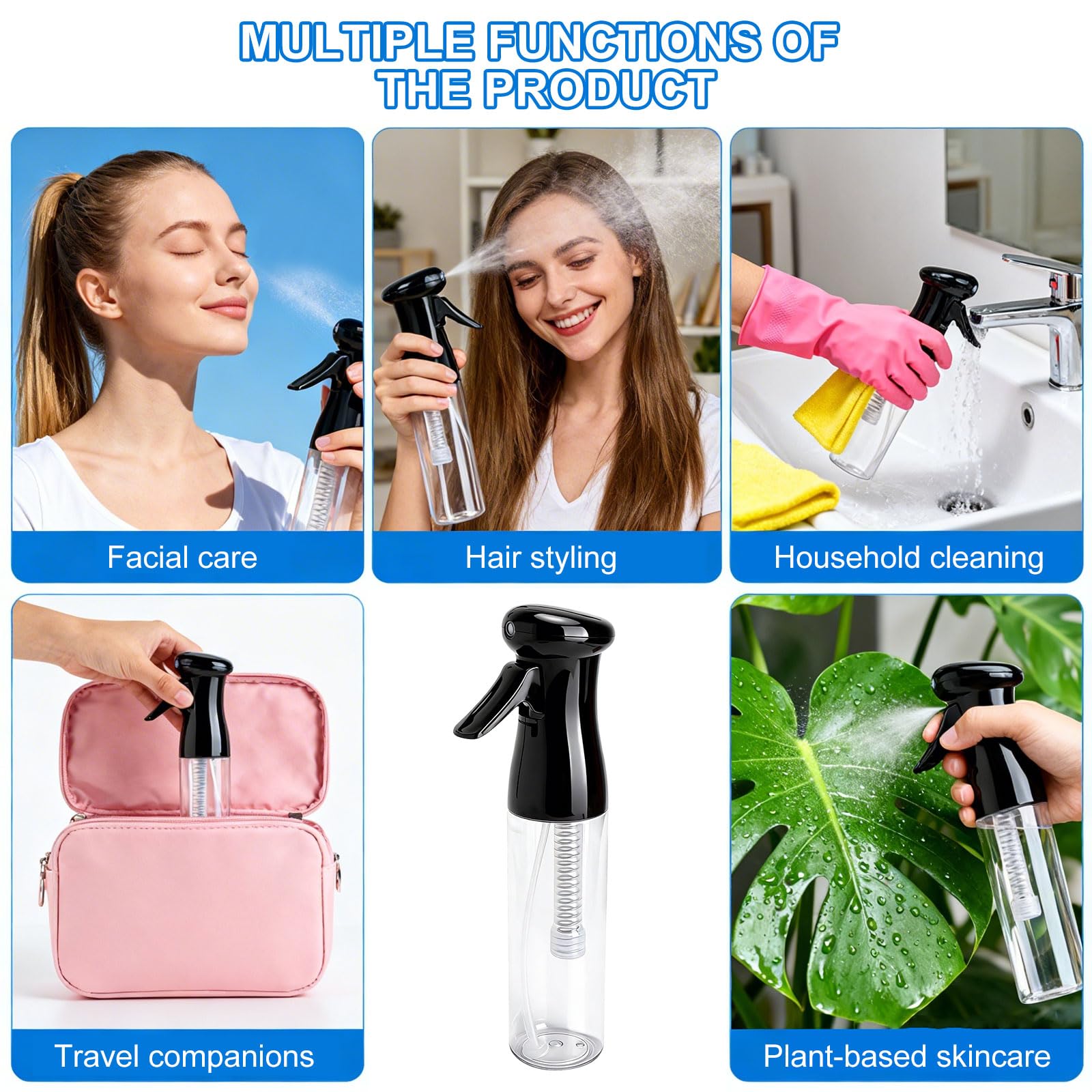 2 Piezas Botella Pulverizadora Ultrafina, Pulverizadores Continuos, Spray Bottle Antigoteo de 300ml, Pulverizador de Agua, spray bottle para Cabello, Plantas y Limpieza, Negro y Blanco