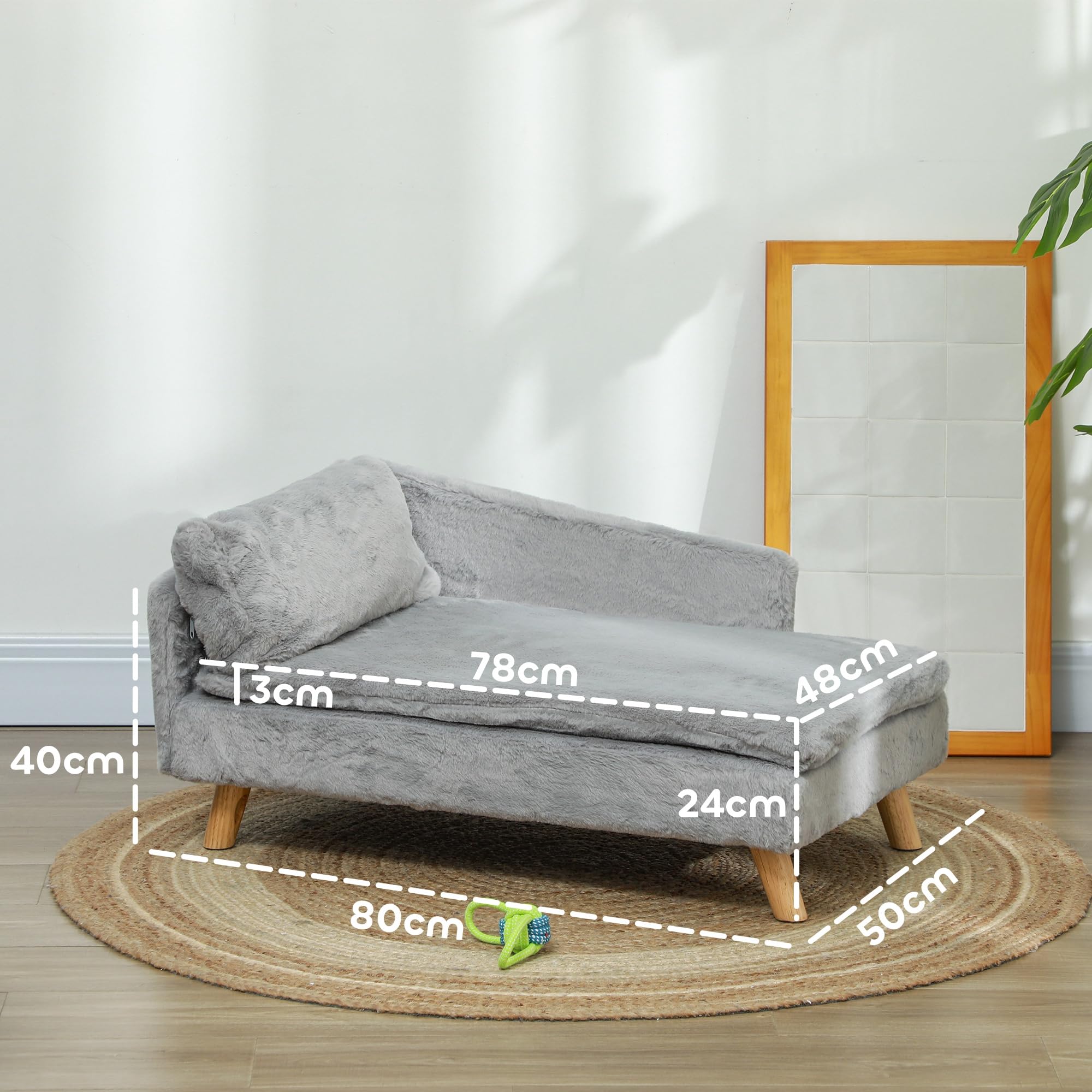 PawHut Hundesofa für mittelgroße Hunde, Hundebett mit abnehmbarem und waschbarem Kissen, Haustiersofa mit Holzbeine, mit Erhöhtem Design, 20 kg, Hellgrau