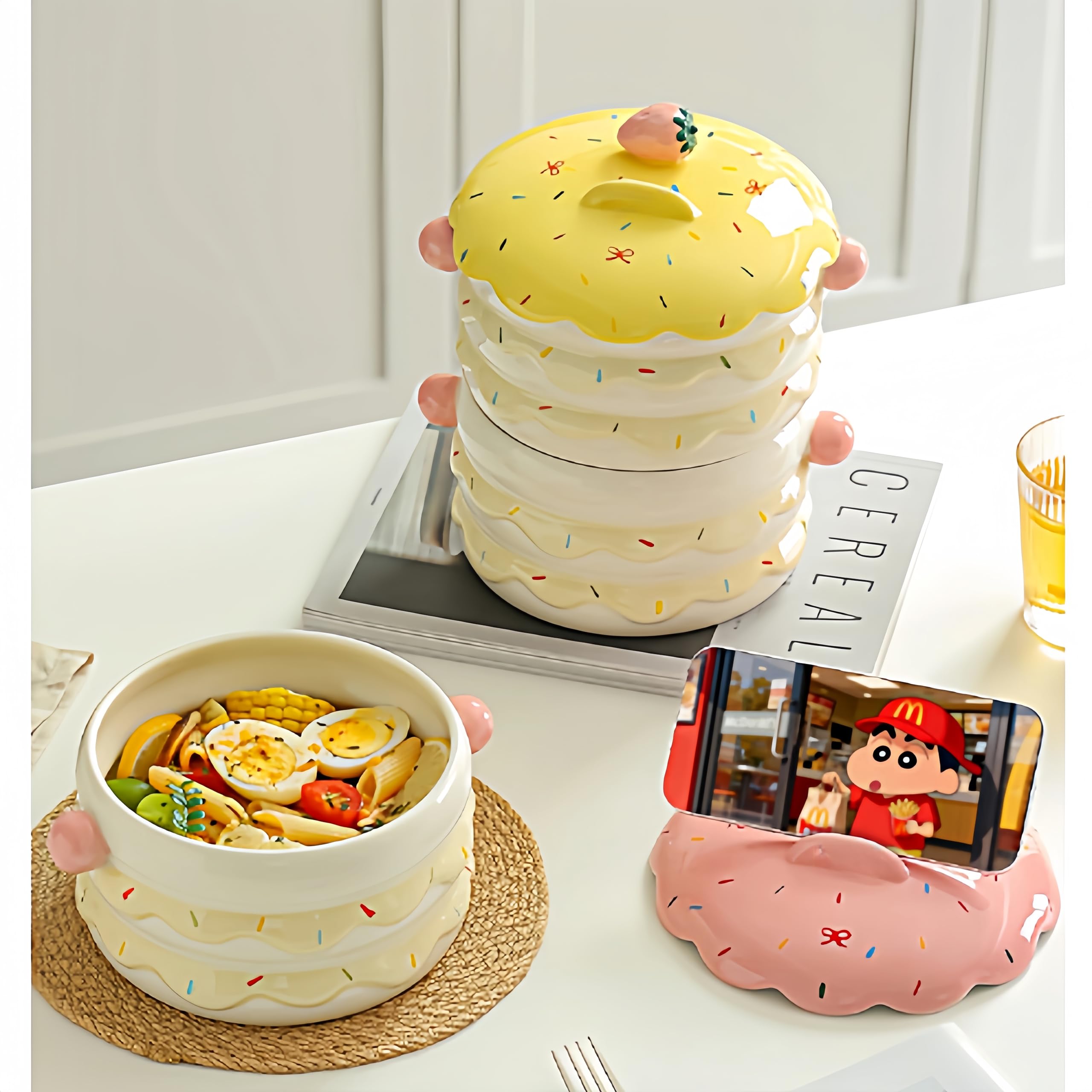 Urocza ceramiczna miska ramen z pokrywką, 590 ml, zabawny pojemnik na żywność na zupę, sałatkę, przekąski, świetny prezent dla miłośników jedzenia (1)