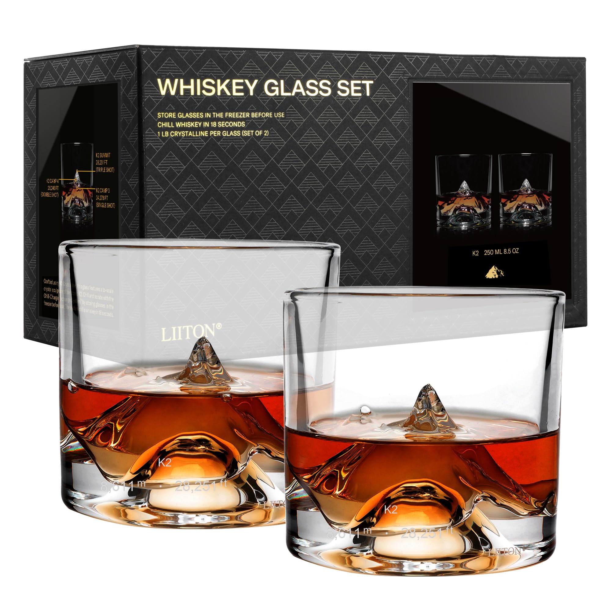 LIITON K2 Nepalese Heavy Crystal Whiskey Glasses Gift Set of 2, Thick Freezable Bourbon Glass 1lb Each, Premium Whiskey Gifts for Men, Frozen Crystal Chills Cocktails, 10 oz