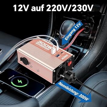 XWJNE 300W Inverter 12V to 230V Voltage Converter Modified Sine Wave 300W Voltage Converter with 1 EU Socket 2 USB-A and 2 USB-C Ports for Car Camping Travel and Emergencies