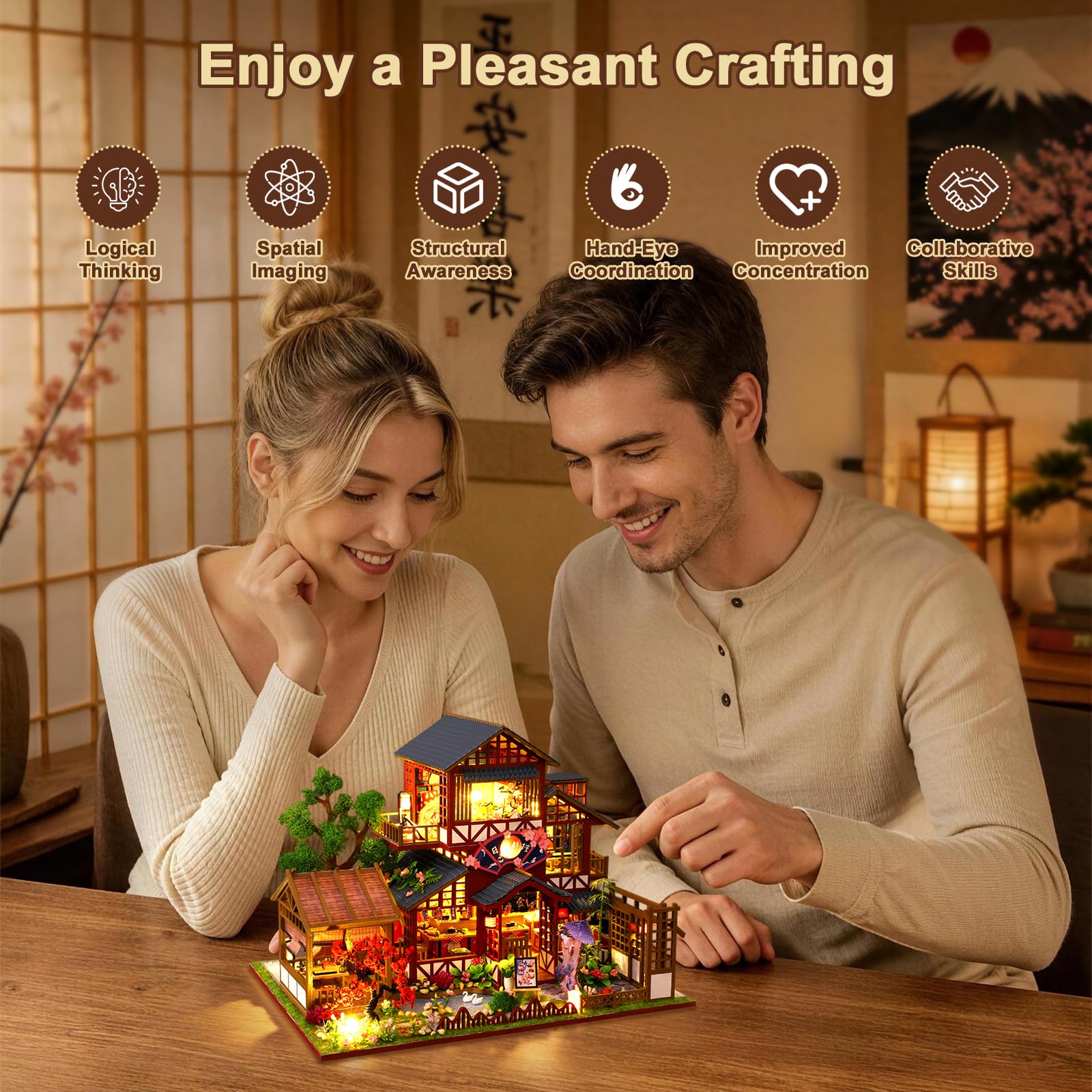DIY Miniature Maison, Restaurant Japonais Puzzle 3D en Bois avec Lumière LED Musique, Kit de Maison de poupée pour Adultes, Maquette à Décoration pour Bibliothèque, Cadeau d'anniversaire