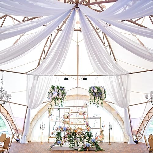 Miniatura 6 de Cortinas de techo blancas para bodas – 6 paneles de 5 x 10 pies de gasa blanca para cortinas de telón de fondo transparentes para bodas, fiestas,
