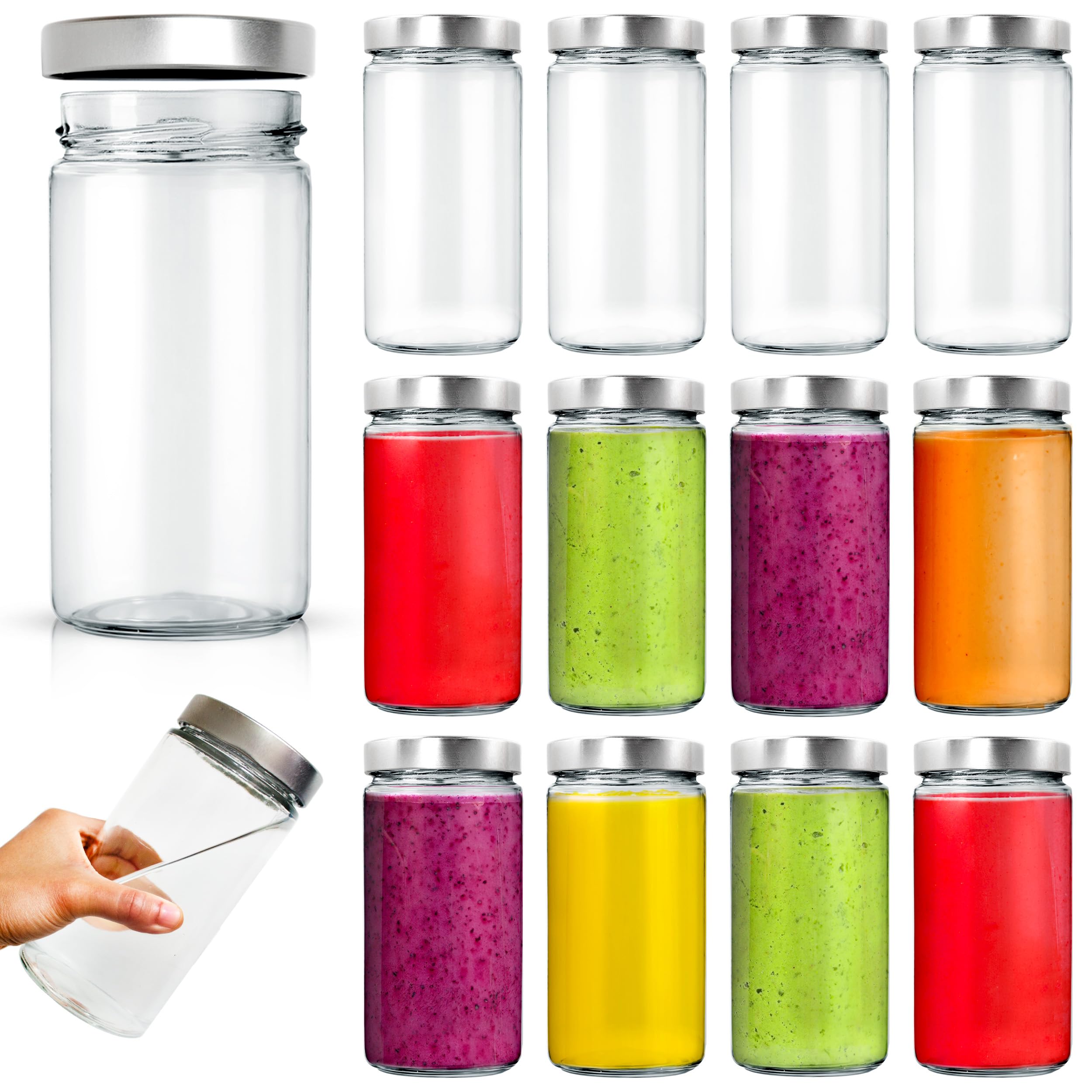 Volila Transparent Glass Mason Jars With Lids 750Ml - 12 Pack, Leakproof Glass Bottles With Lids For Airtight Seal, Drinking Bottle Ideal For Smoothies, Milkshakes, Sauces, Food Storage, Juices, Beverages, Infused Water