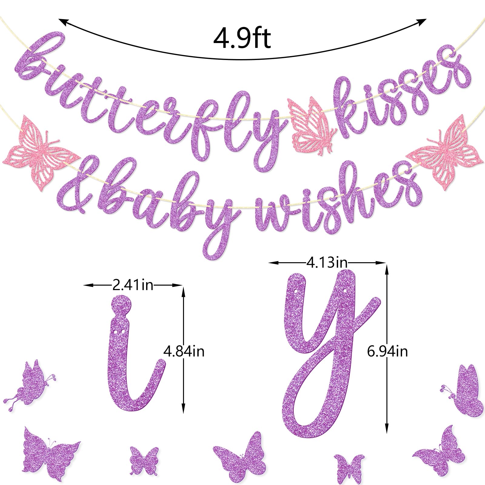 Butterfly Kisses and Baby Wishes Banner, Butterfly Themed Baby Shower Decorations for Girl, Pre-assembled (Purple)