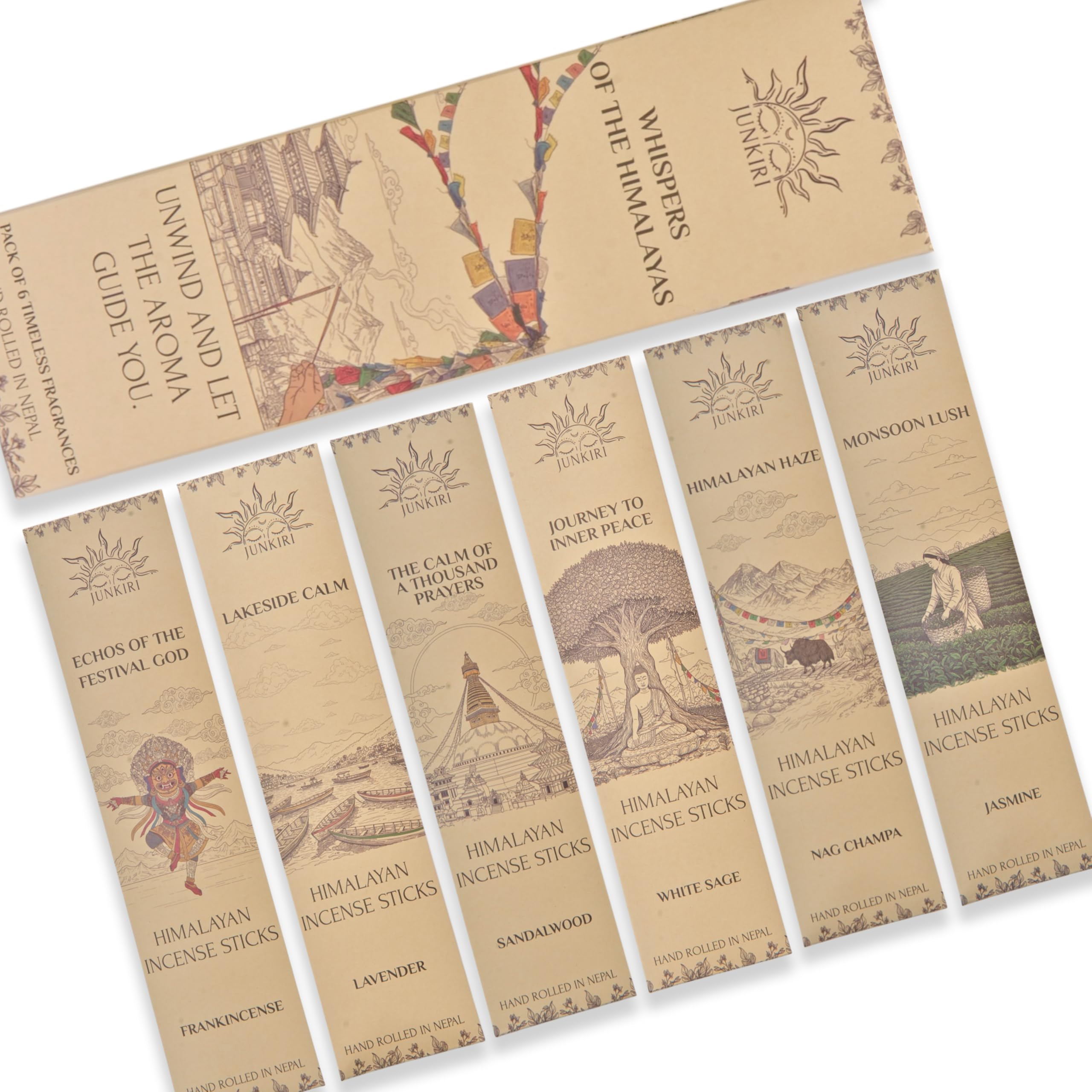 Incenso Nepalese Fatto a Mano, Set di 6 fragranze, 90 bastoncini, Nag Champa, Lavanda, Sandalo, Gelsomino per meditazione, guarigione, aromaterapia, relxazione, vibrazioni positive, incenso Himalayano