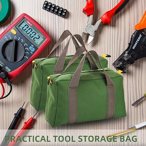 Miniatura 7 de Paquete de 2 bolsas de herramientas de boca ancha, bolsa de almacenamiento de herramientas de lona resistente de 14 pulgadas, bolsa organizadora de