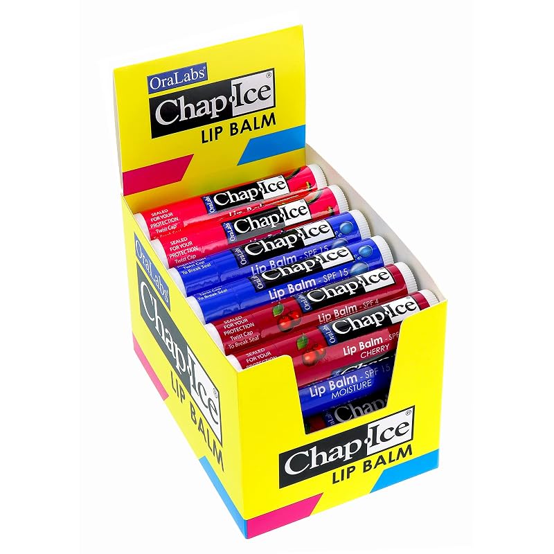 Bálsamo labial CHAP-ICE com 3 sabores e designação SPF-15, 24 unidades