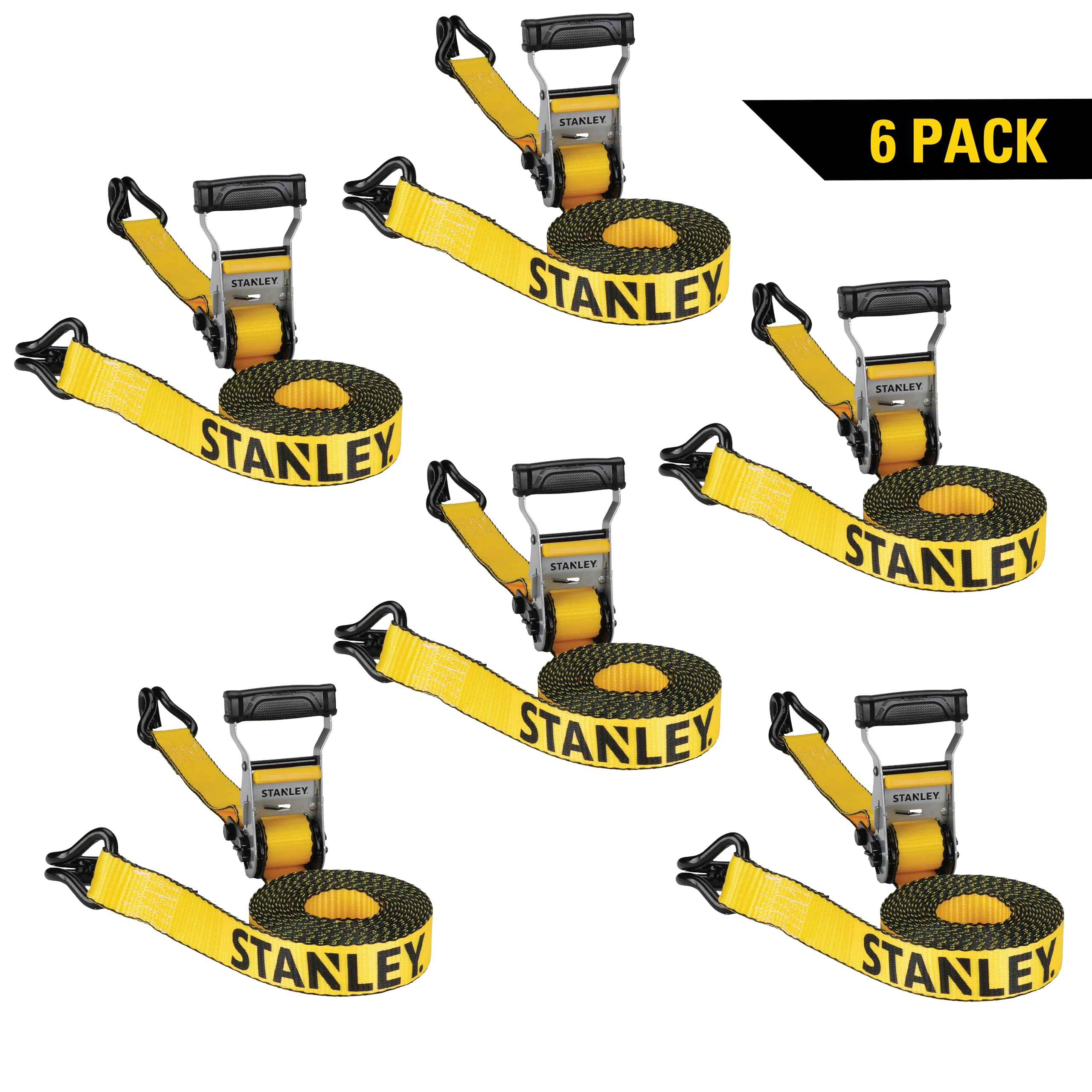 STANLEY S50002-3 Lot de 6 Sangles à cliquet Robustes de 3,8 cm x 4,9 m (résistance à la Rupture de 2,3 kg) Noir/Jaune