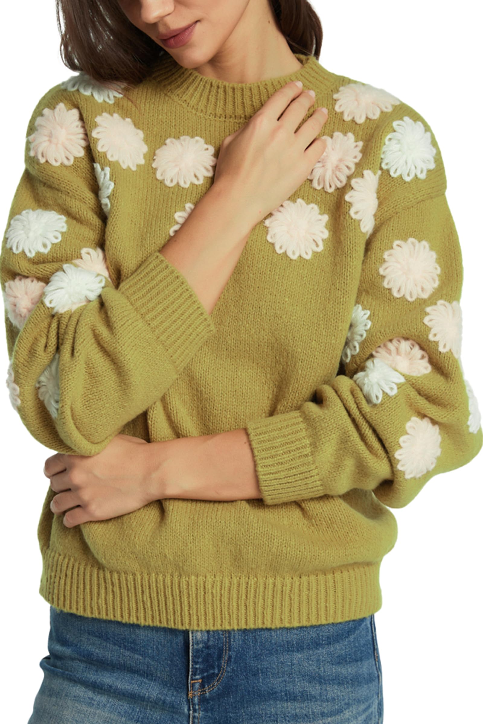 D-Sun Women Crew Neck Flower Sweater Fall Winter Floral Embroidered Long Sleeve Knit Ribbed Color Block Pullover Sweater