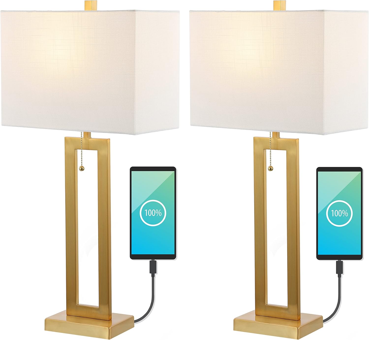 JONATHAN Y JYL1126A-SET2 Sabrina 28.5" Vintage Industrial Iron LED Table Lamp with Pull-Chain and USB Charging Port Mid-Century, Minimalist Bedside Desk Nightstand Lamp, Brass Gold (Set of 2) 28.5" Brass Gold
