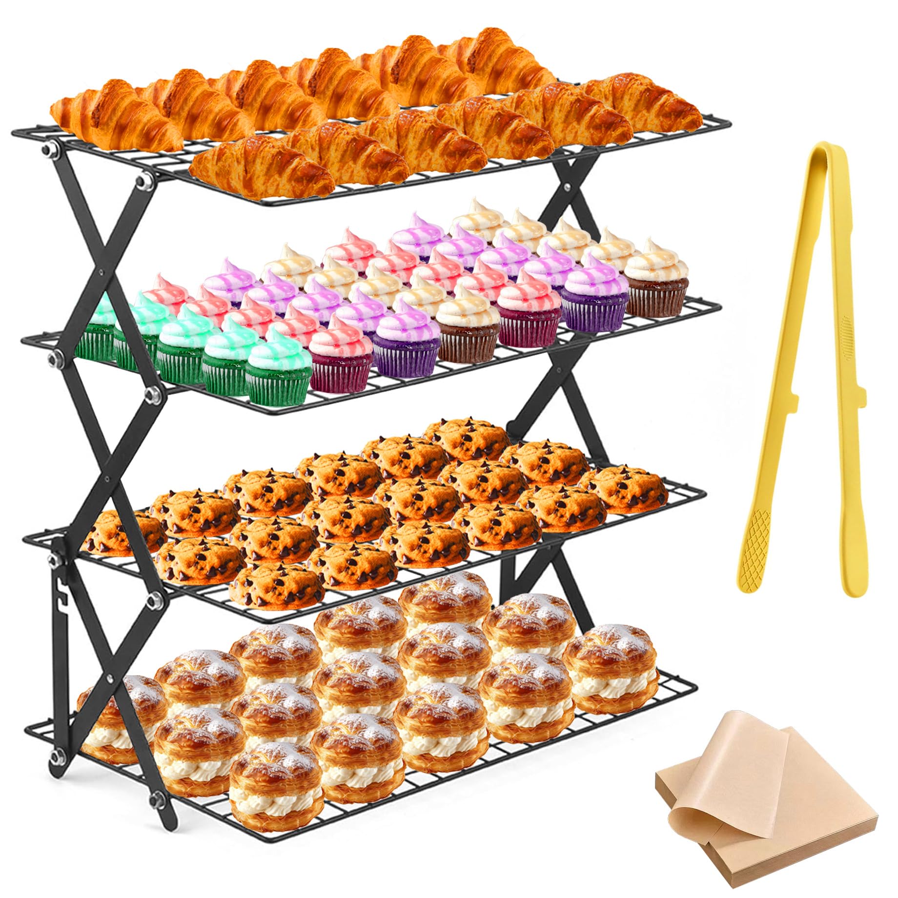 Grille de Refroidissement Patisserie en acier inox 4 Niveaux Antiadhésive Pliables et Empilables 40 x 25 cm, Pince Cuisine Silicone et Papier Cuisson Prédécoupé, pour biscuits, gâteaux, muffins, pain