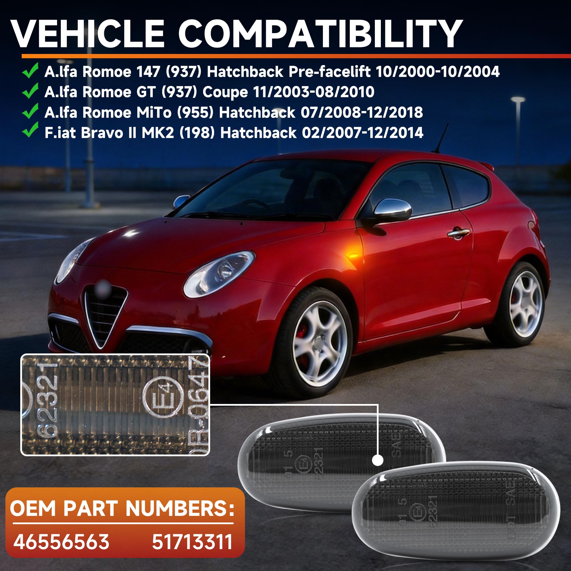 Indicatori di direzione sequenziali a LED per Alfa Romeo 147 GT 937 MiTo 955 Fiat Bravo II MK2 Canbus Error Free Lente affumicata Indicatore di direzione laterale dinamico Indicatore di direzione