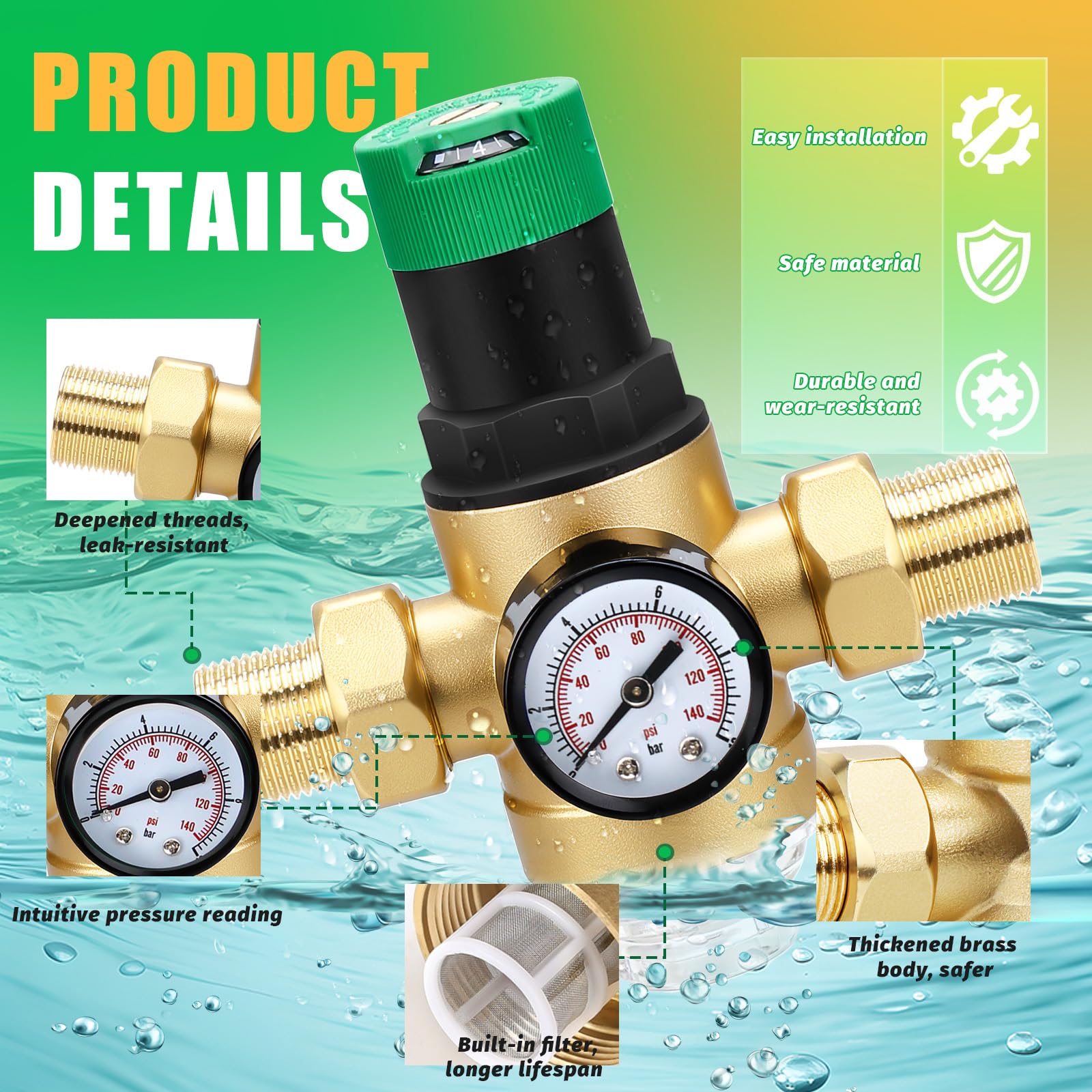 Riduttore di pressione acqua 3/4 pollici valvola di sovrapressione acqua DN20 regolatore di pressione acqua in ottone, riduttore di pressione dell'acqua con misuratore di pressione dell'acqua e