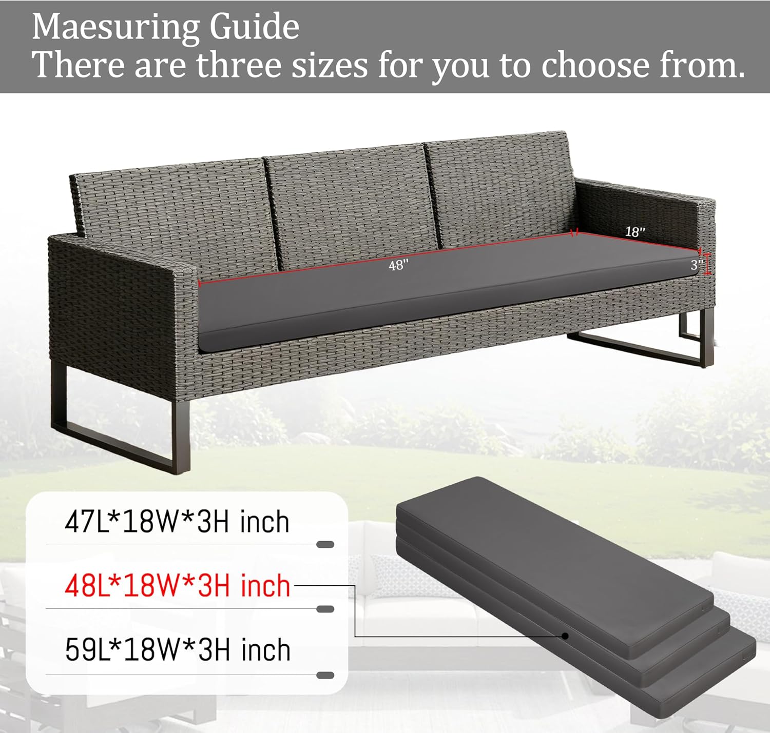 HDCAXKJ Waterproof Outdoor Bench Cushion Patio Furniture Cushions 48x18x3 Inch with Removable Cover Replacement Indoor Outdoor Seat Cushion Bench Pad for Porch Swing Loveseat Sofa Couch, Medium Grey