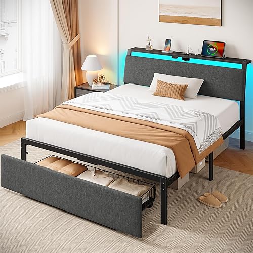 Miniatura 9 de Rolanstar Base de cama individual con cabecera ergonómica de almacenamiento y estación de carga, cama de plataforma tapizada con luz LED y cajón,