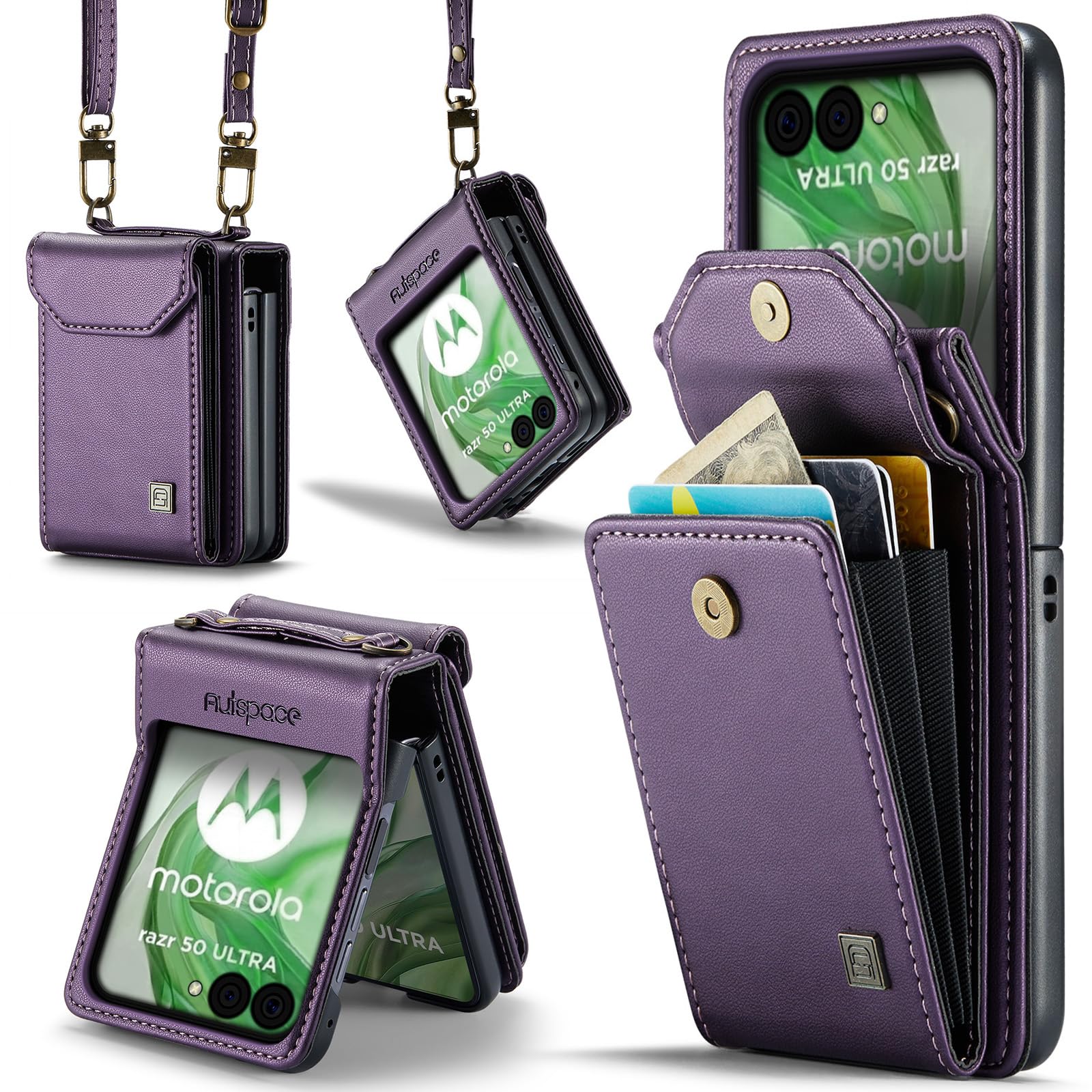 Photo 1 of ASAPDOS Crossbody Case Compatible with Moto Razr+ Plus 2024/2025,Retro PU Leather Strap Wristlet Flip Case with Magnetic Closure and Card Holder for Men Women Purple