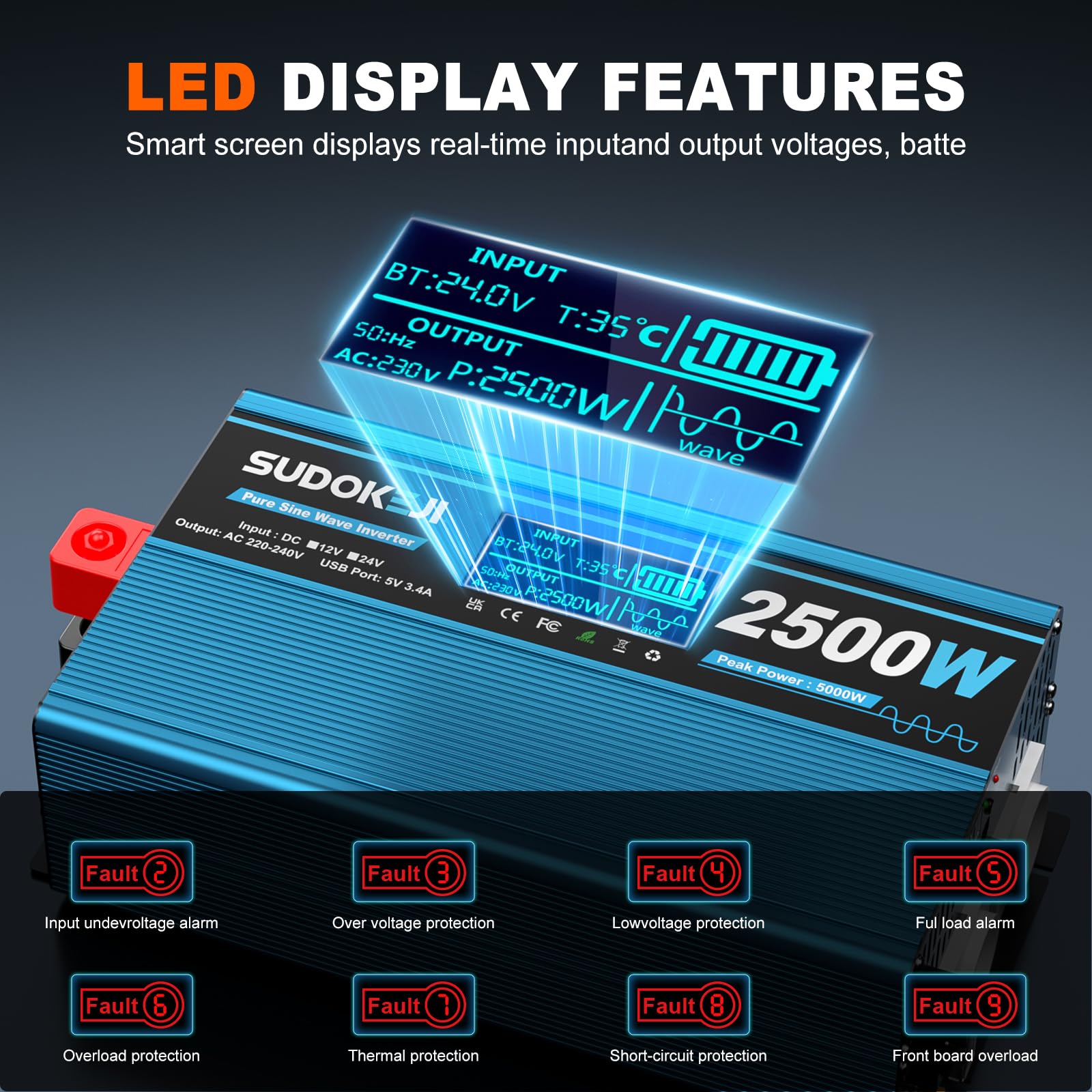 Wechselrichter 24V auf 230V Reiner Sinus 2500W Spannungswandler mit LCD-Bildschirm-Fernbedienung 2 EU-Steckdosen & 2 USB-Anschluss für Wohnwagen, Boot, Camping