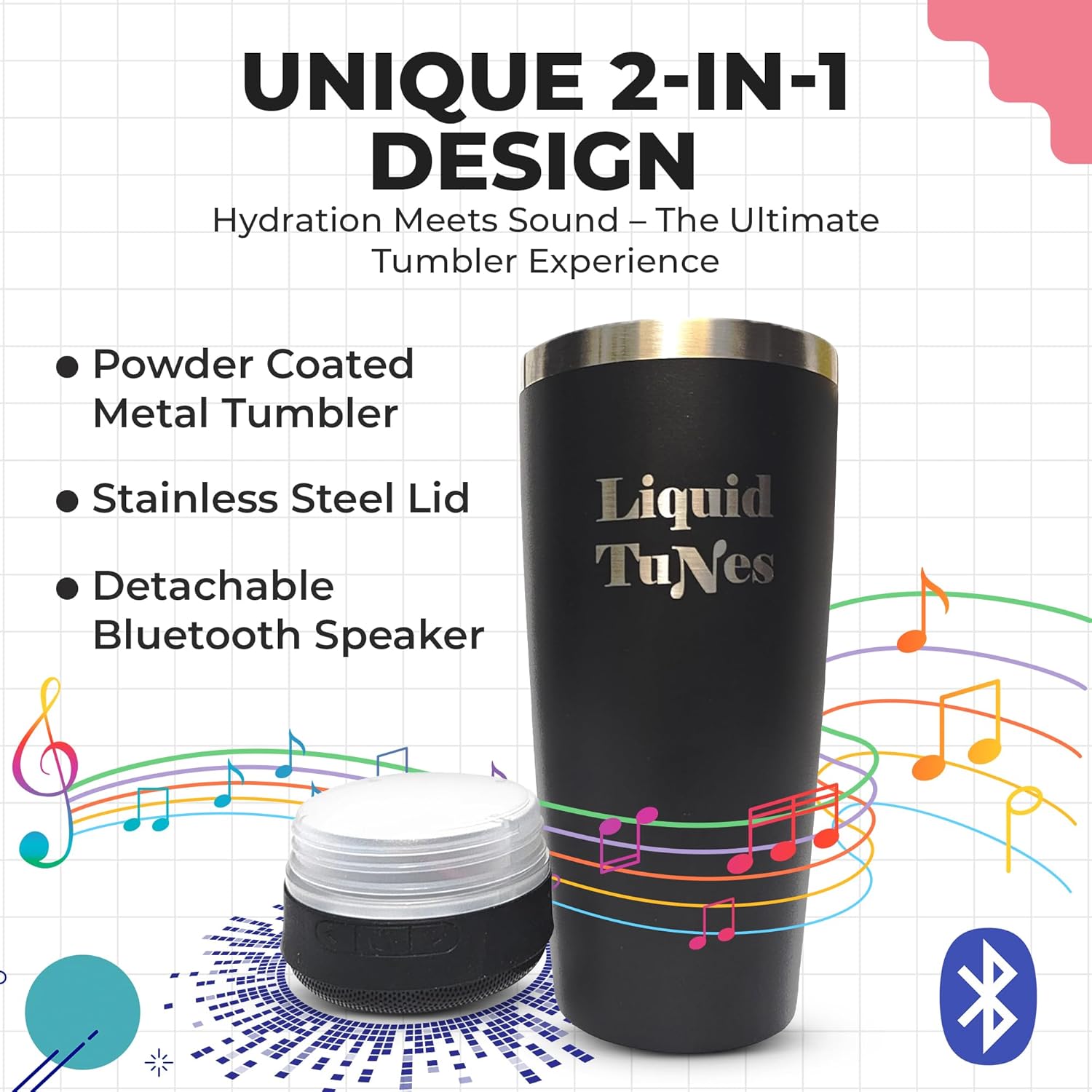 Liquid TuNes Stainless Steel Tumbler with Wireless Music Speaker, 20 oz Tumbler with Double-Wall Vacuum Insulation and Detachable Speaker, Black - Image 3