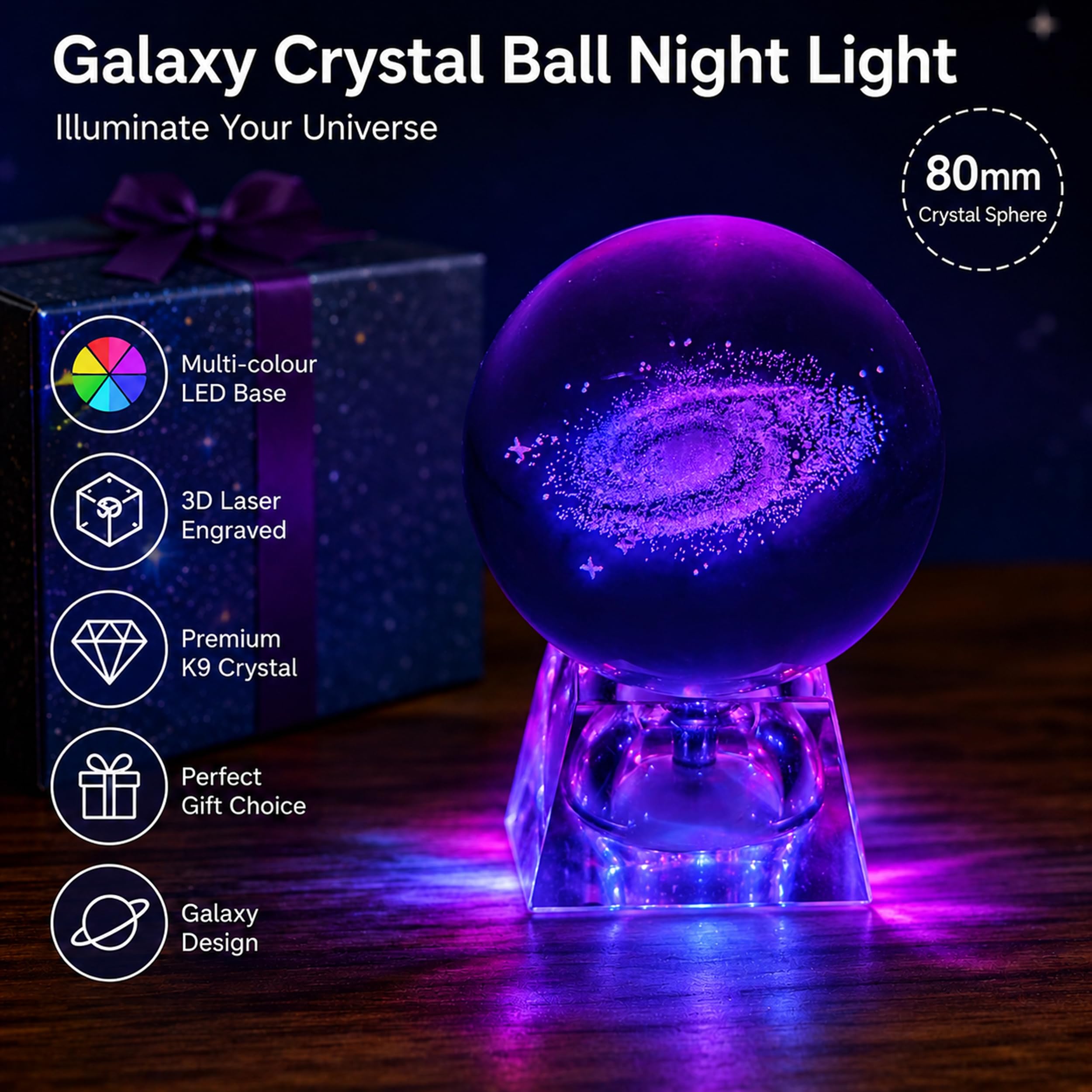 Galaktyka kryształowa kula – szklana kula ornamenty dla dzieci lampka nocna z cokołem LED, przezroczysta 80 mm, oświetlenie galaktyki dla dzieci, lampka nocna dla dzieci