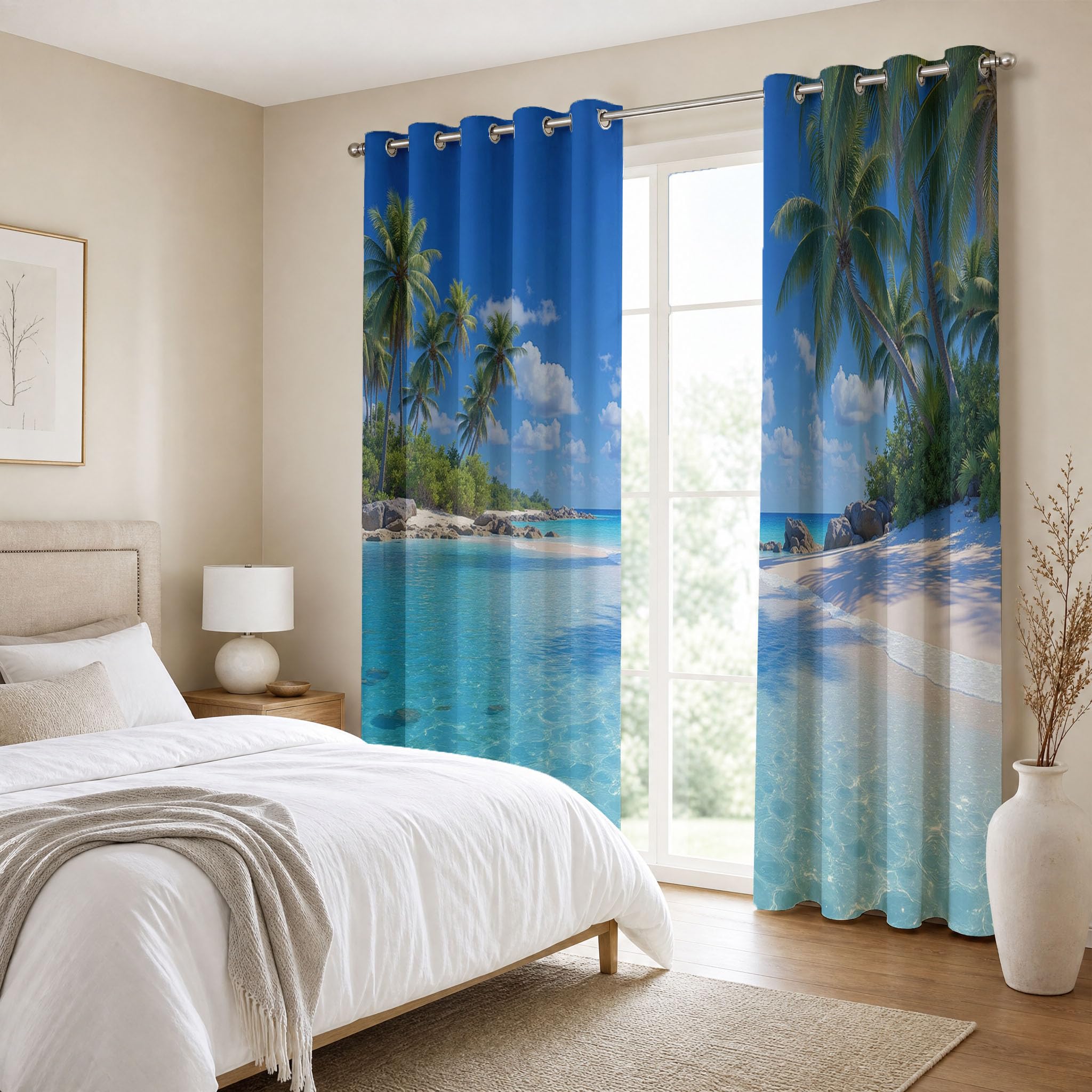 Cortinas Opacas Salon Tropical Playa,Cortina Palmeras Islas para Dormitorio Decoracion Habitacion,Cortinas Termicas Blackout 140×160cm 2 Paneles,Mar Azul