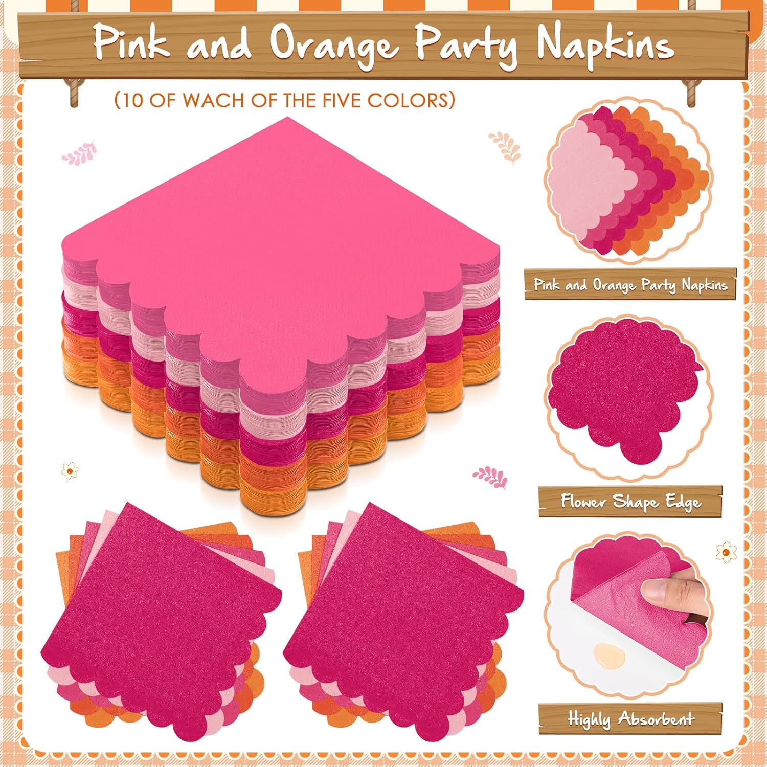 Zhehao 150 Pcs Pink and Orange Plates and Napkins Tableware Serves 50 Includes 9 Inch 7 Inch Pink and Orange Scalloped Paper Plate and Napkins for Wedding Birthday Baby Shower Party