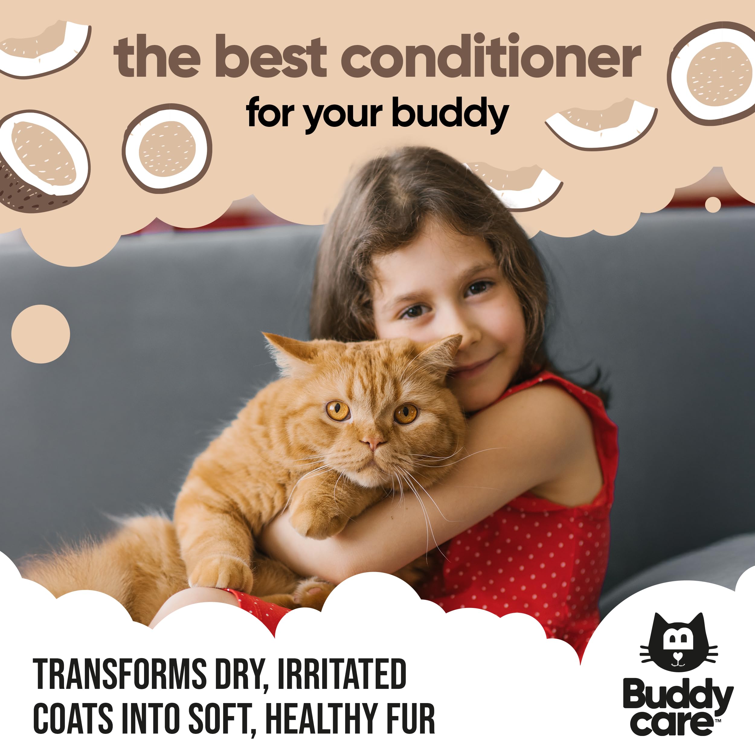 Buddycare Coconut Cat Après-shampoing pour Chat (500 ML) sans cruauté Envers Les Animaux, Produit de toilettage végétalien | pH équilibré, SLS, sulfate et sans paraben | Idéal pour Une Utilisation