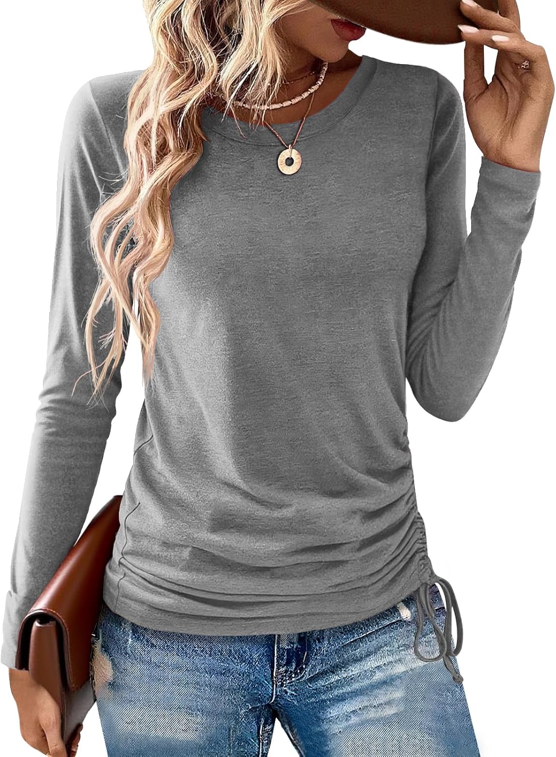 Womens Long Sleeve Shirts Crewneck Tops Loose Fit Stretch Casual Workout Basic Fall T-Shirts 2025