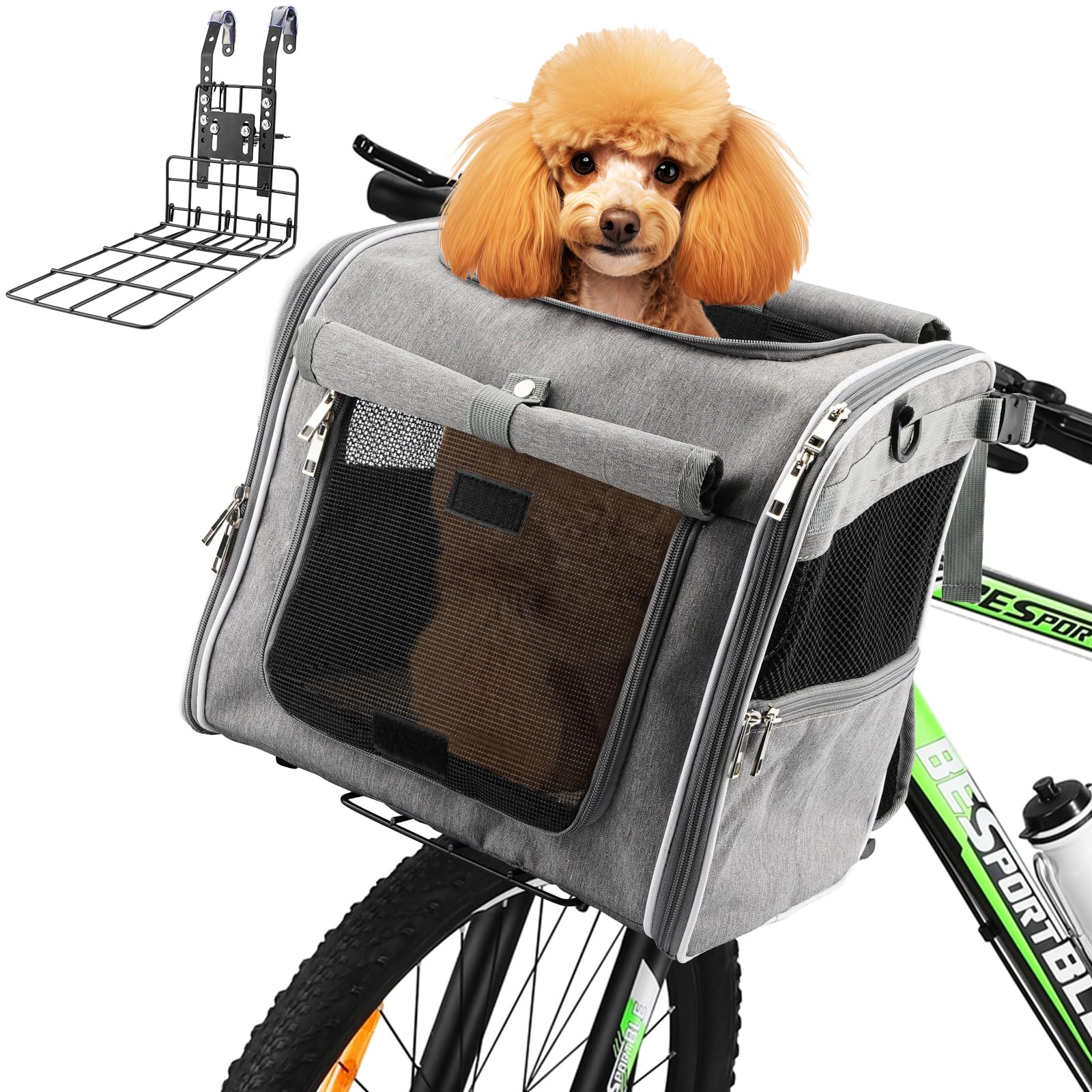 Haiou Cestino Anteriore per Cani da Bici 4 in 1 (Max 7kg) - Trasportino Pieghevole Impermeabile con Rinforzo a L, Ideale per Cani e Gatti Piccoli - Cestini Urbani per Cani