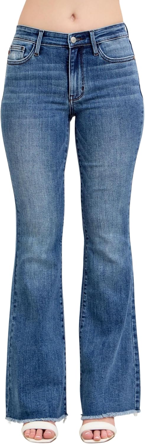 Judy Blue Mid Rise Vintage Fray Hem Flare, Inseam 33"