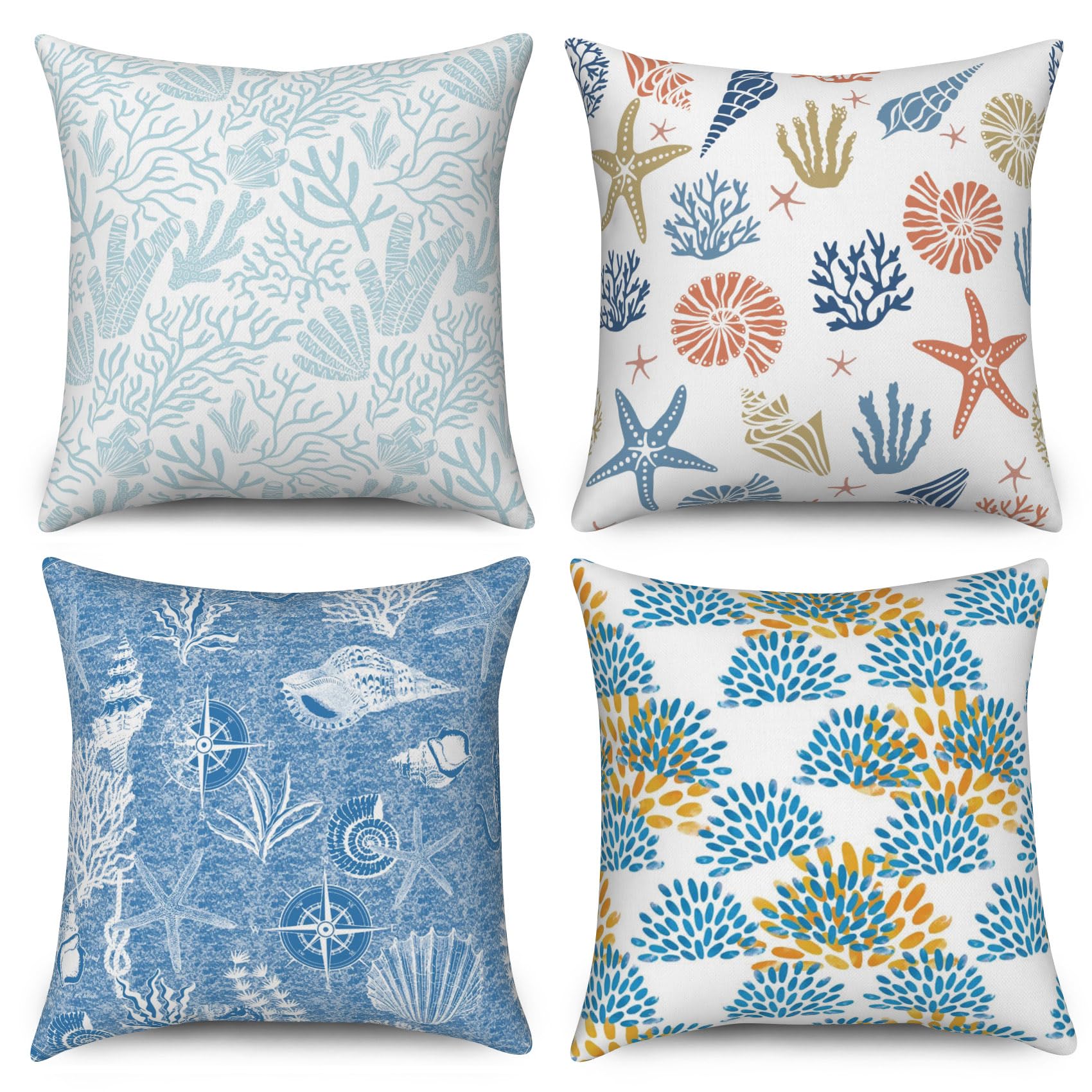ASDCXZ Maritim Pillow Cover 45x45 cm 4pcs Set, Compass Starfish Coral Bowl Blue White Sofa Cushion Cushion Covers Pillow Cover Washable Polyester Flax Textile Outdoor Pillow Cover Pillow Cover โ image 1