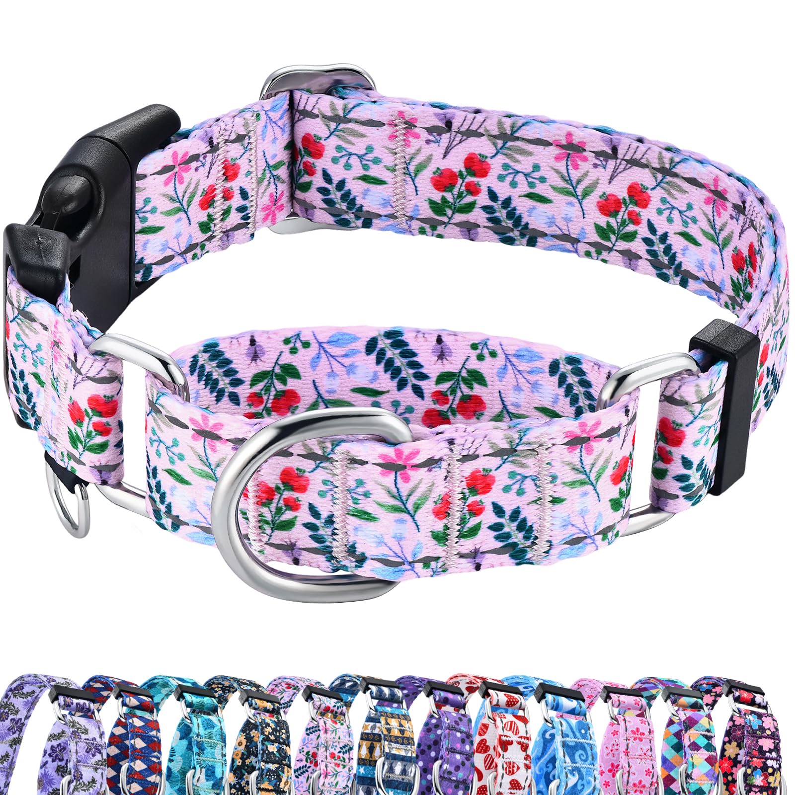 Fidohug Reflective Martingale Collar with Quick Release Buckle Anti Pulling Girl Female Dog Collars (Pink Flowers Plants, Medium)