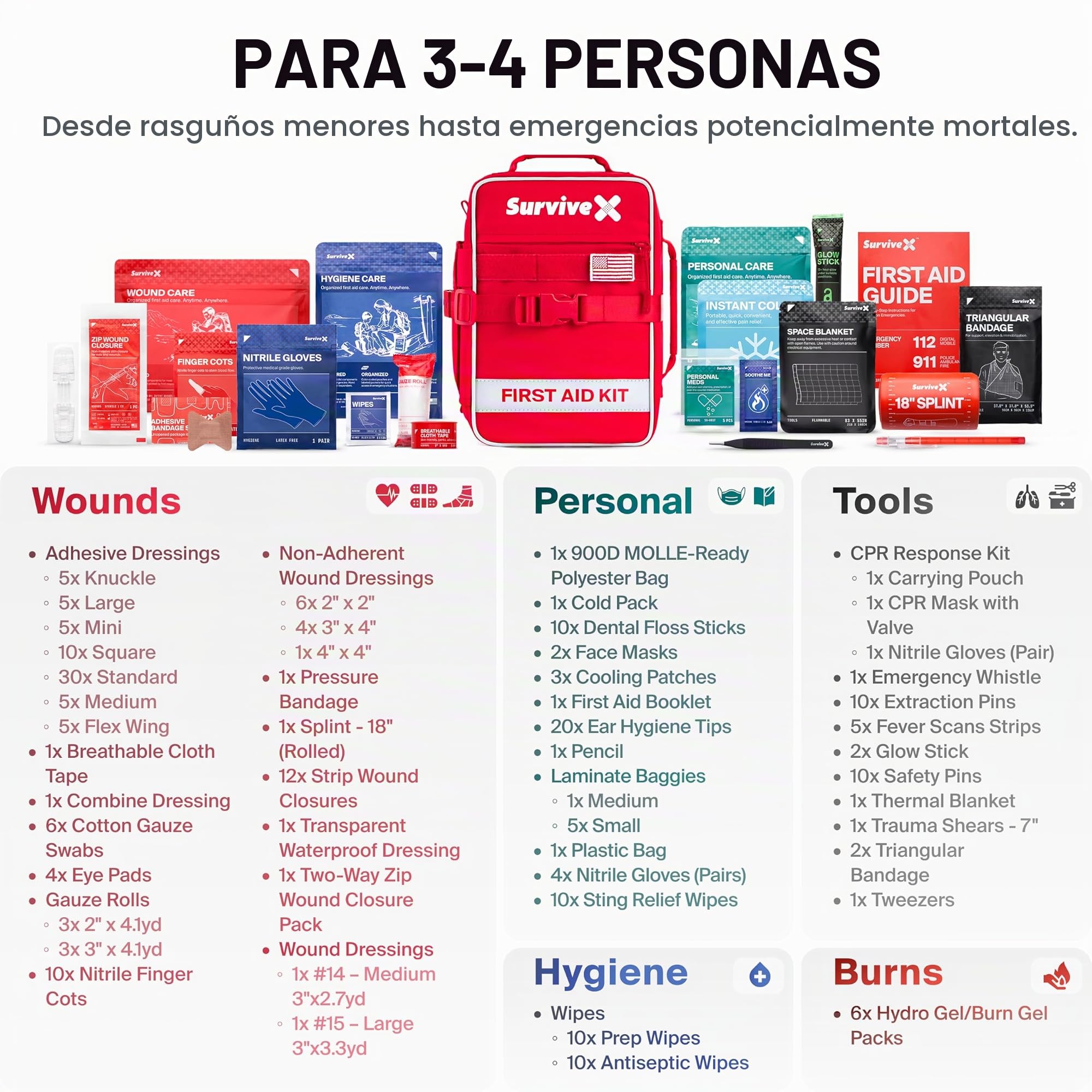 SurviveX Kit de primeros auxilios grande para coche, viajes y hogar, kit de emergencia para senderismo, camping, mochileros y al aire libre, incluye tiras de cierre de herida de punto de cremallera