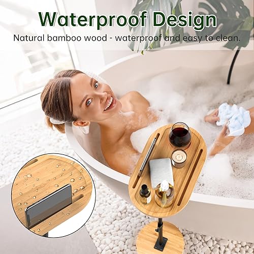 Miniatura 7 de NiHome Mesa giratoria de bambú para reposabrazos para sofá con base estable gruesa, mesa auxiliar de bandeja de TV de altura ajustable con rotación